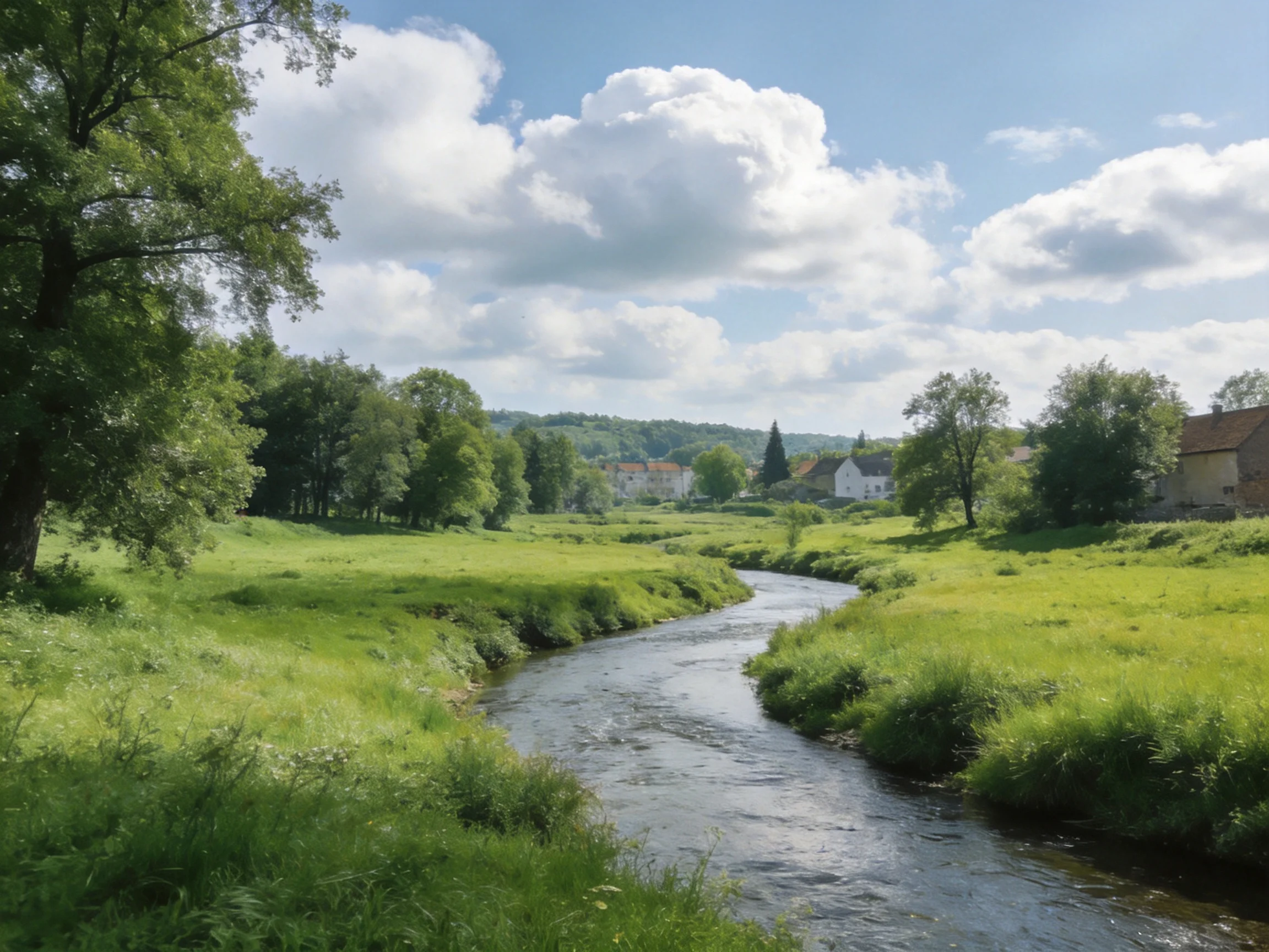 A winding stream winds through emerald meadows near residential homes