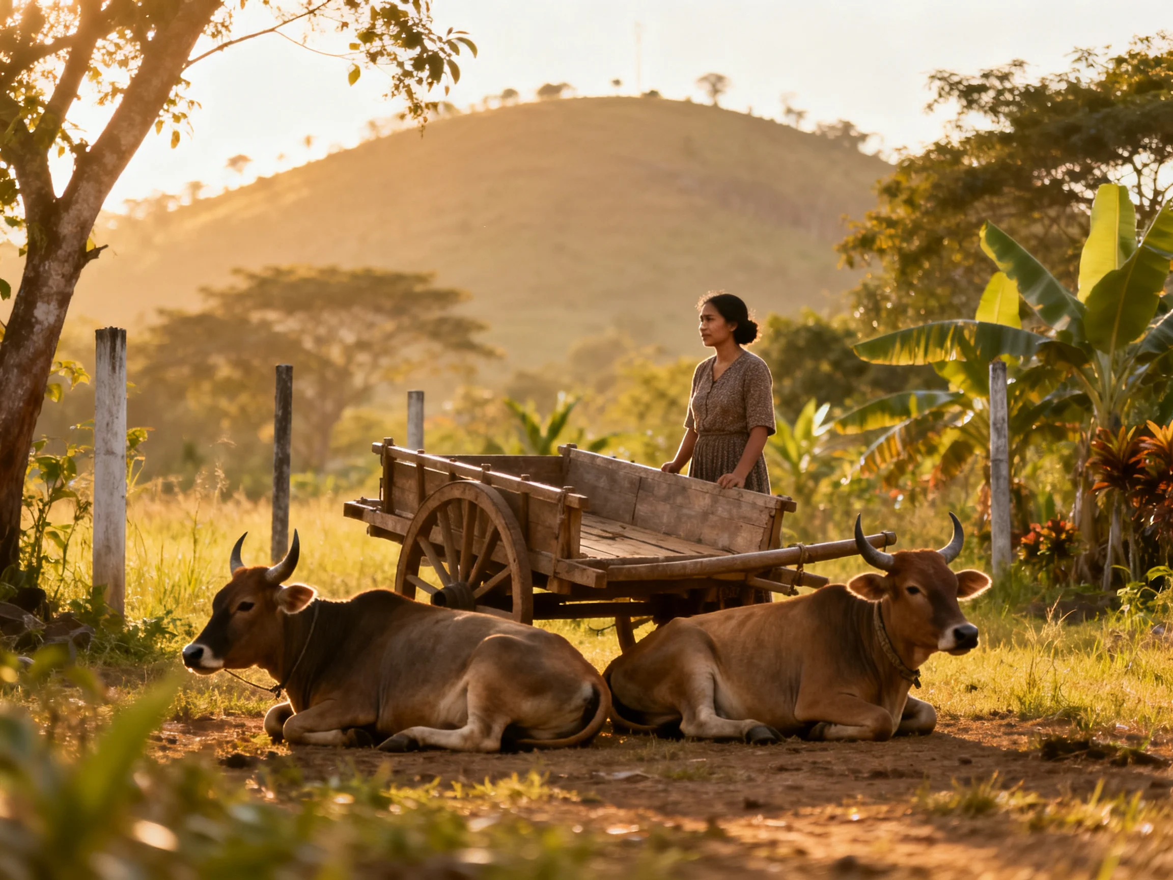 A woman beside a wooden cart pulled by two brown cows in a sunlit countryside