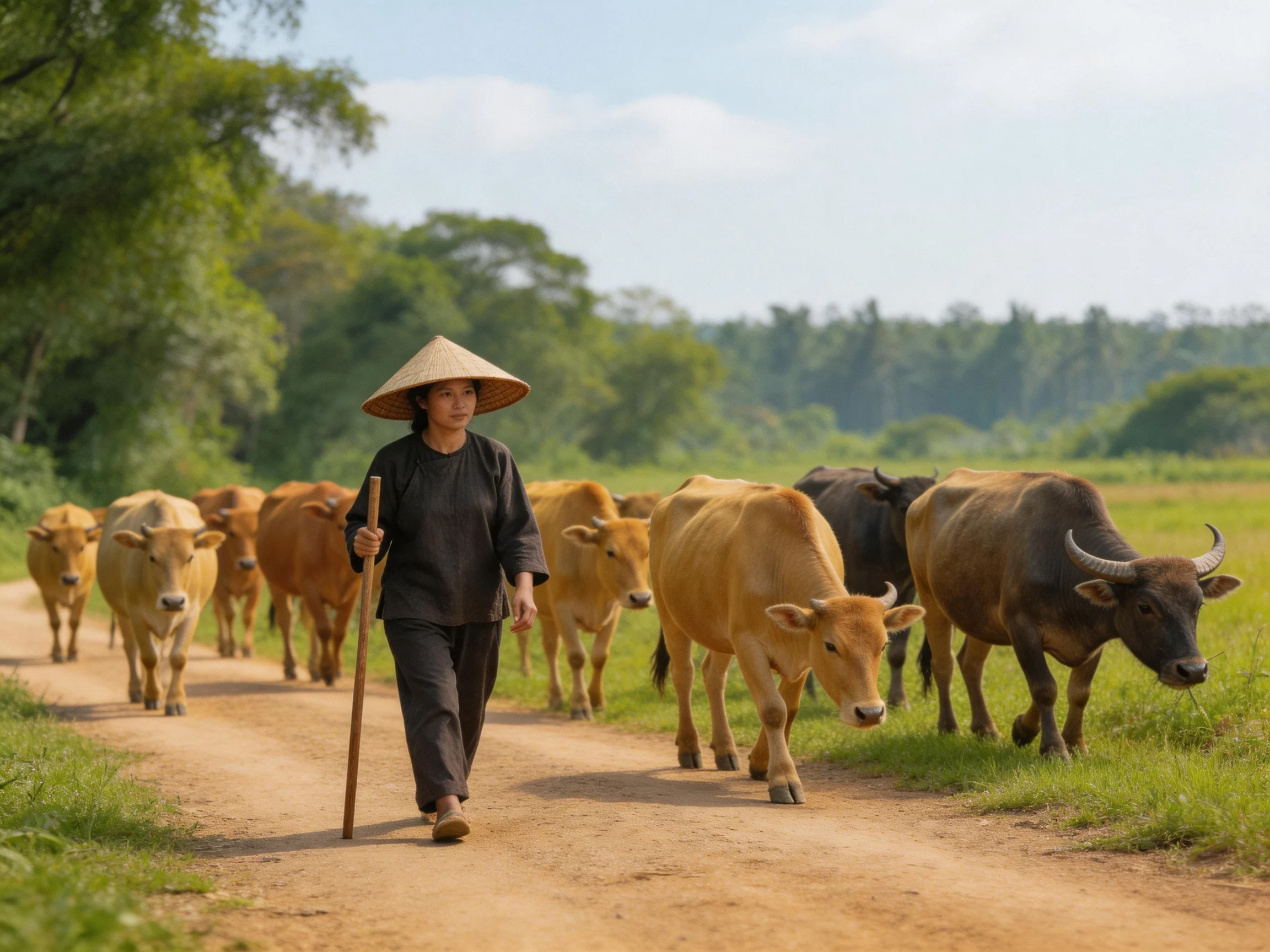A woman herding cattle along a dirt path near green fields