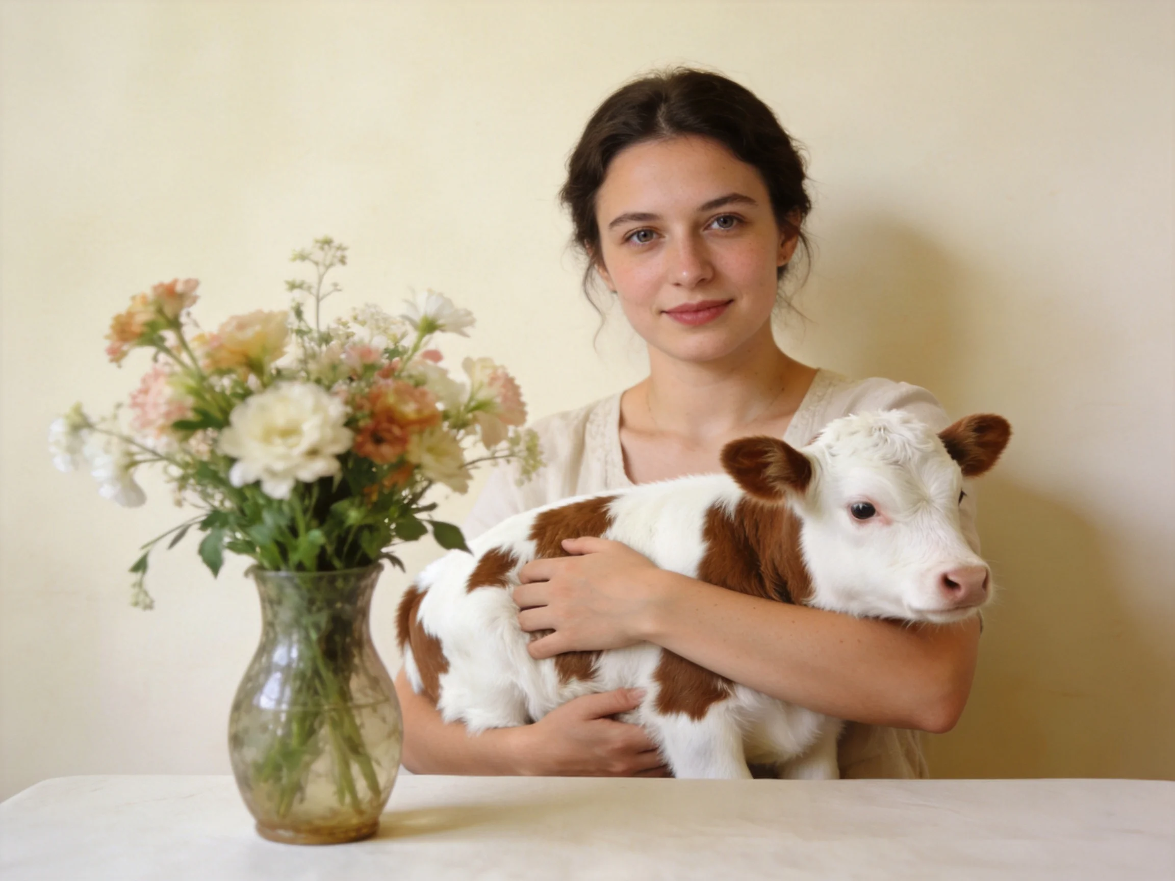 A woman holds a brown-and-white calf beside a glass vase of pastel flowers