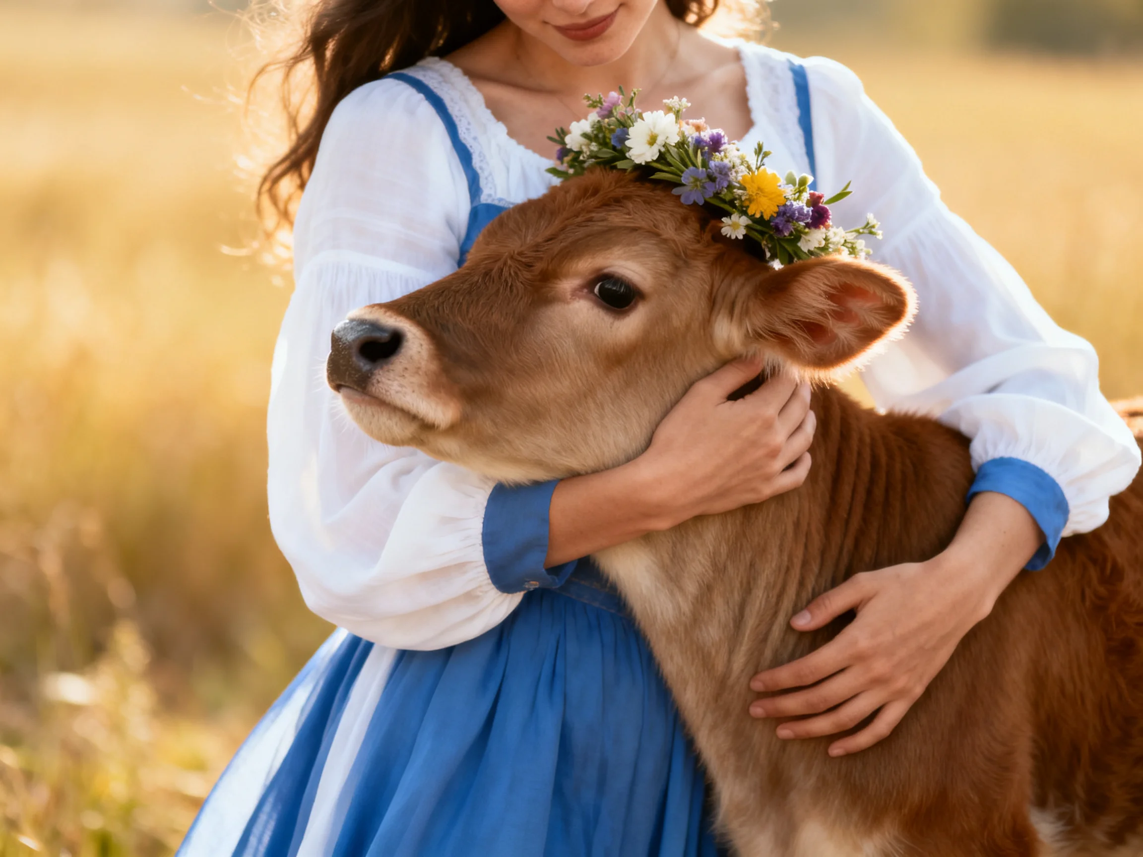 A woman in a blue dress holds a brown calf with a colorful flower crown