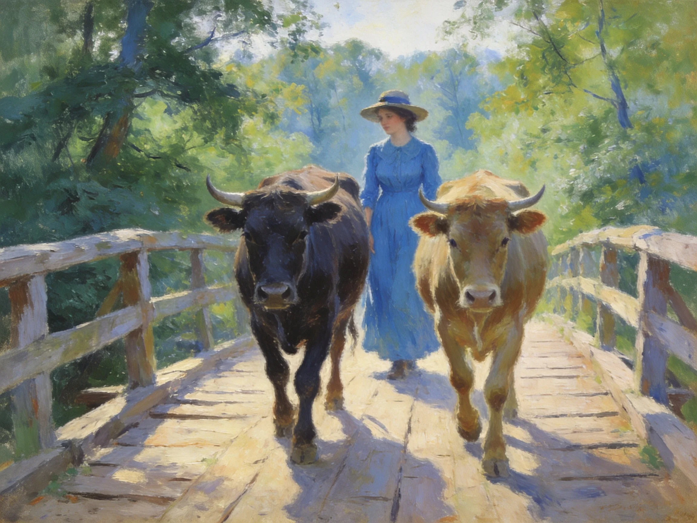 A woman in a blue dress leads two cows across a wooden bridge with green surroundings