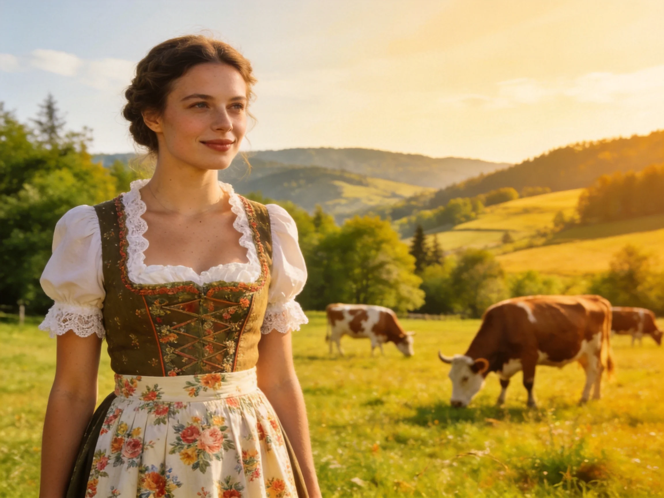 A woman in a floral dirndl dress stands near grazing cows in a golden meadow