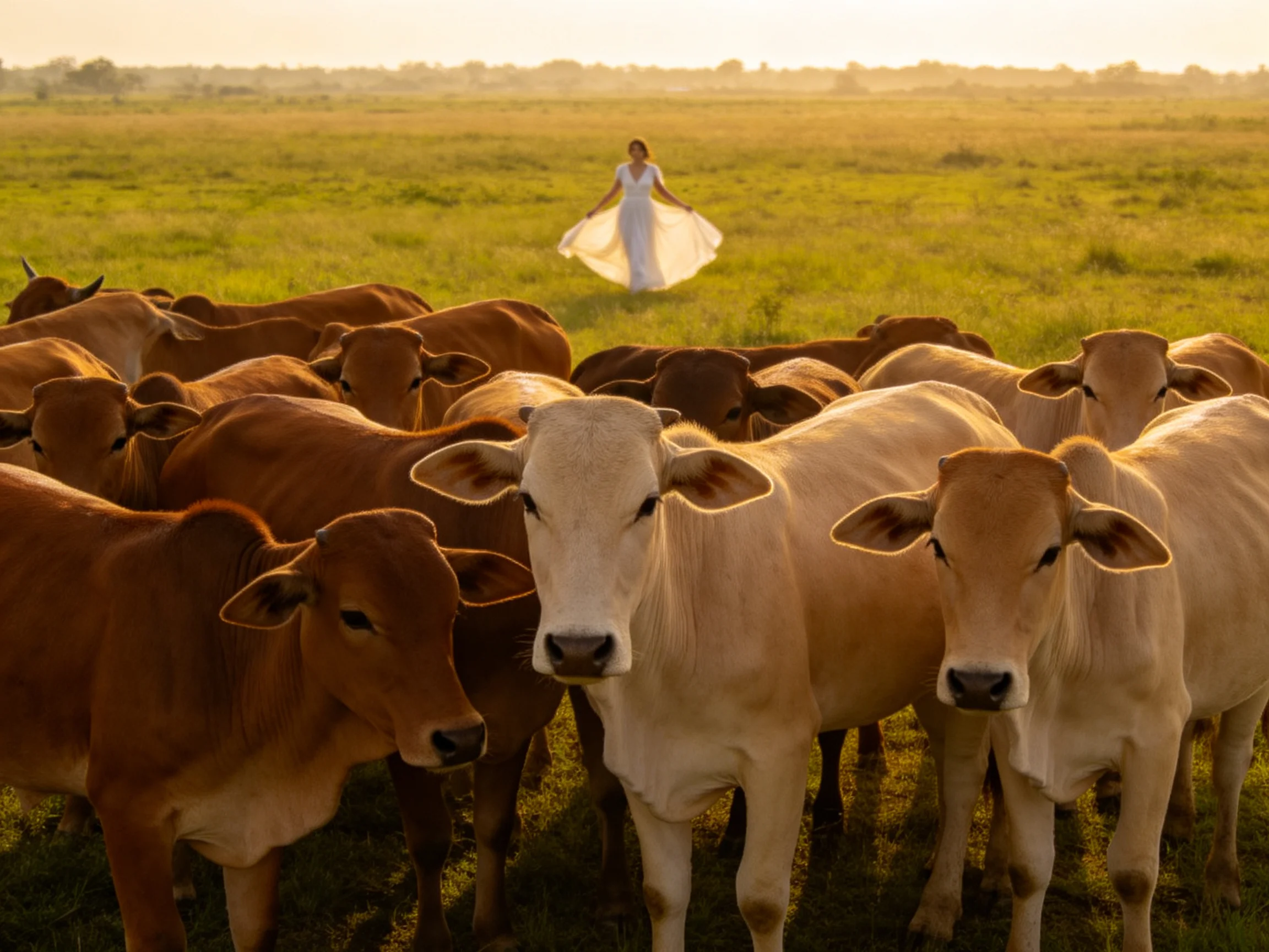 A woman in a white dress among brown and tan cattle in a golden field