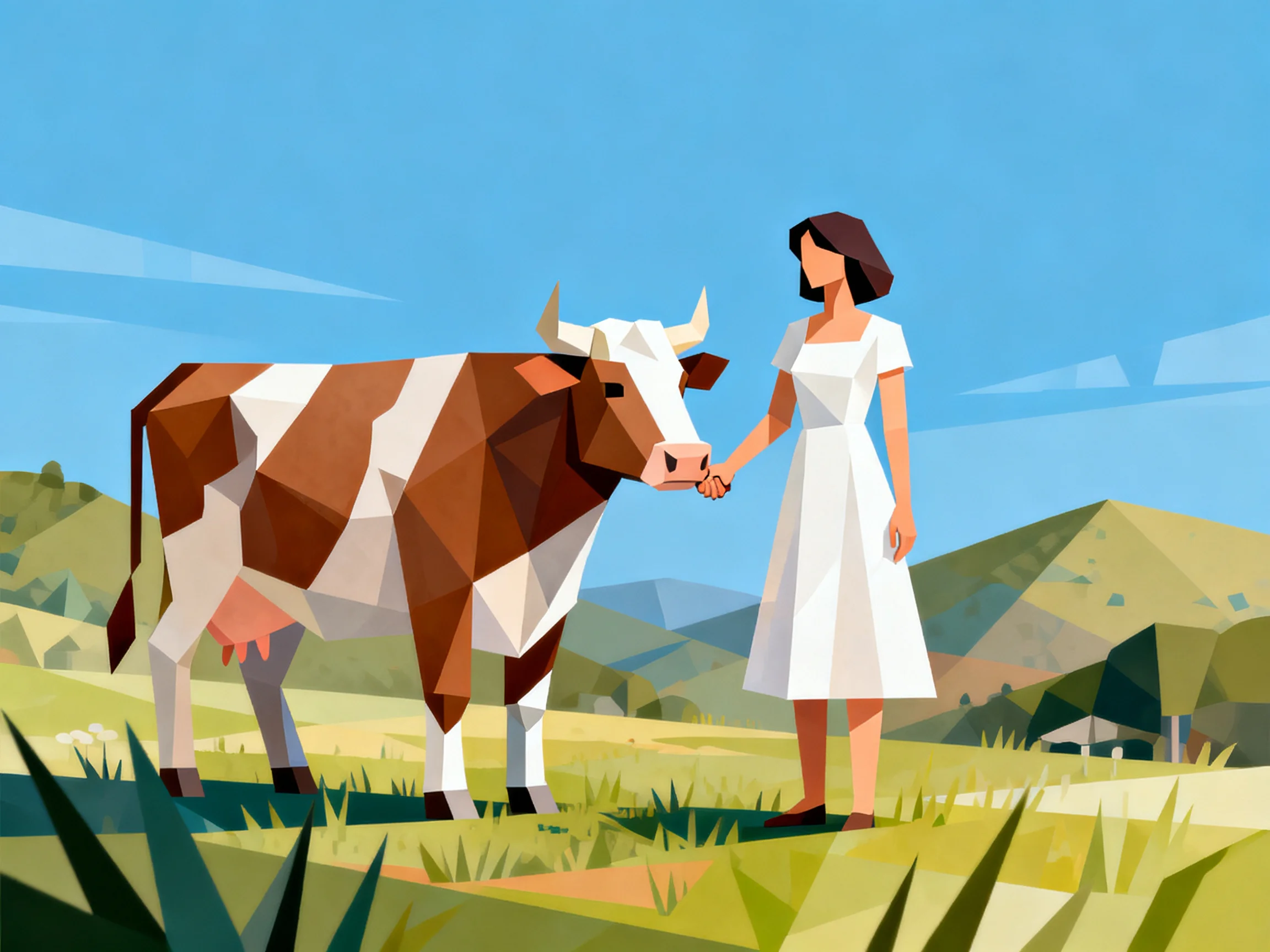 A woman in a white dress interacts with a geometric-style cow in a sunny countryside