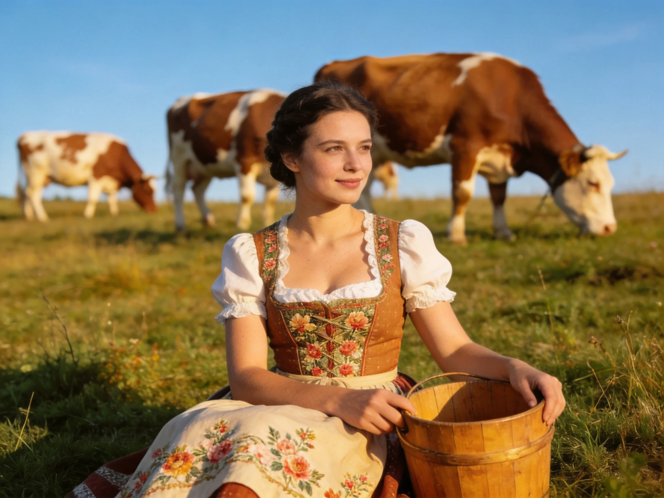 A woman in traditional dress sits near grazing cows in a sunny meadow
