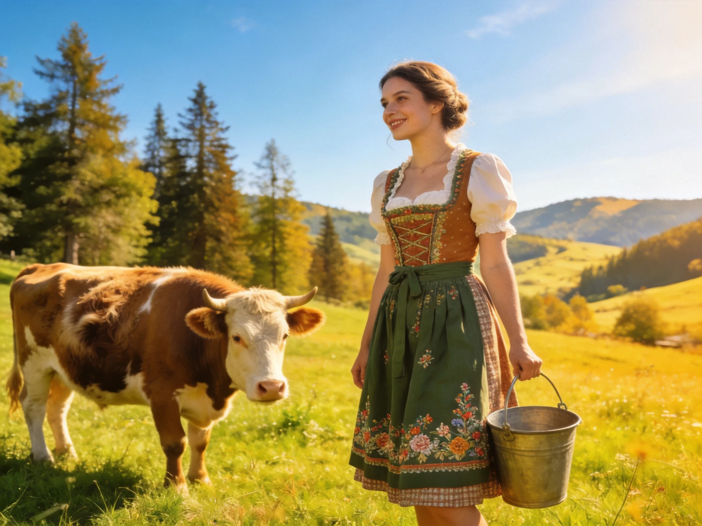 A woman in traditional dress stands beside a brown cow in a sunlit meadow