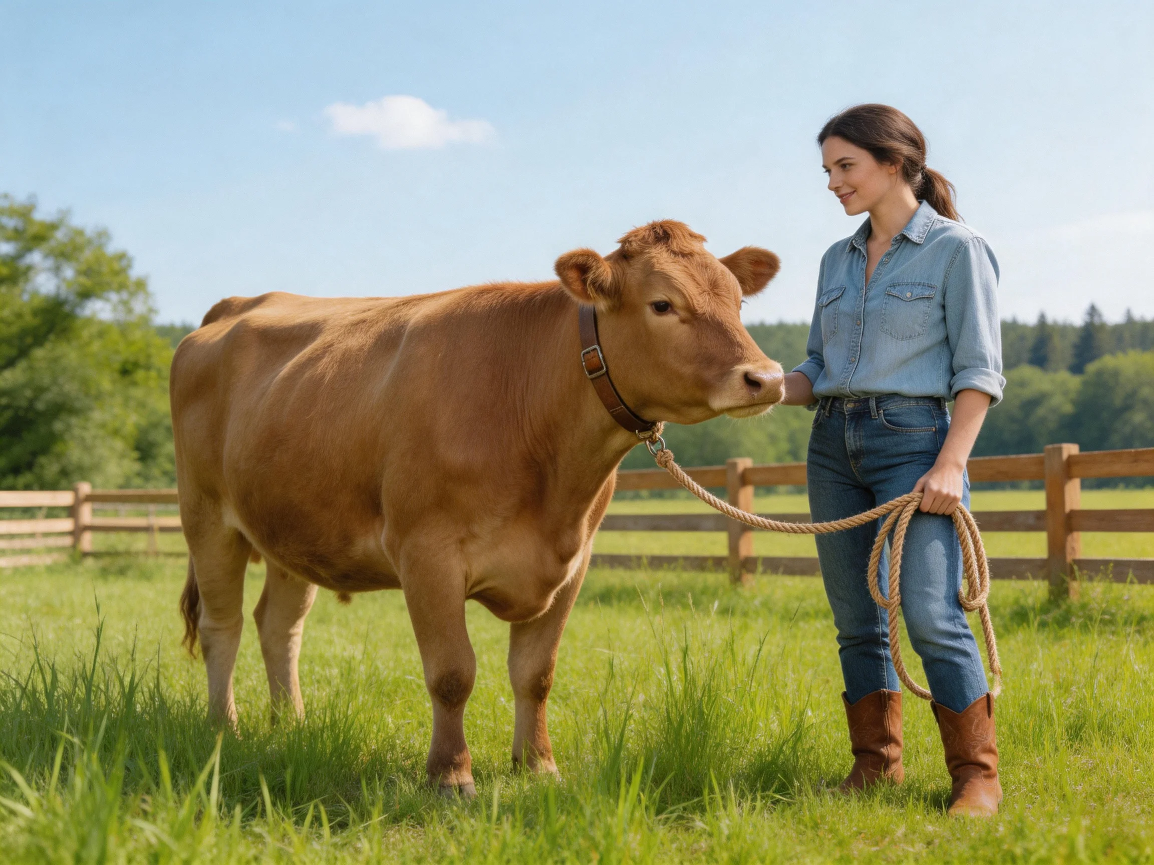A woman leads a brown cow with a rope in a sunny pasture