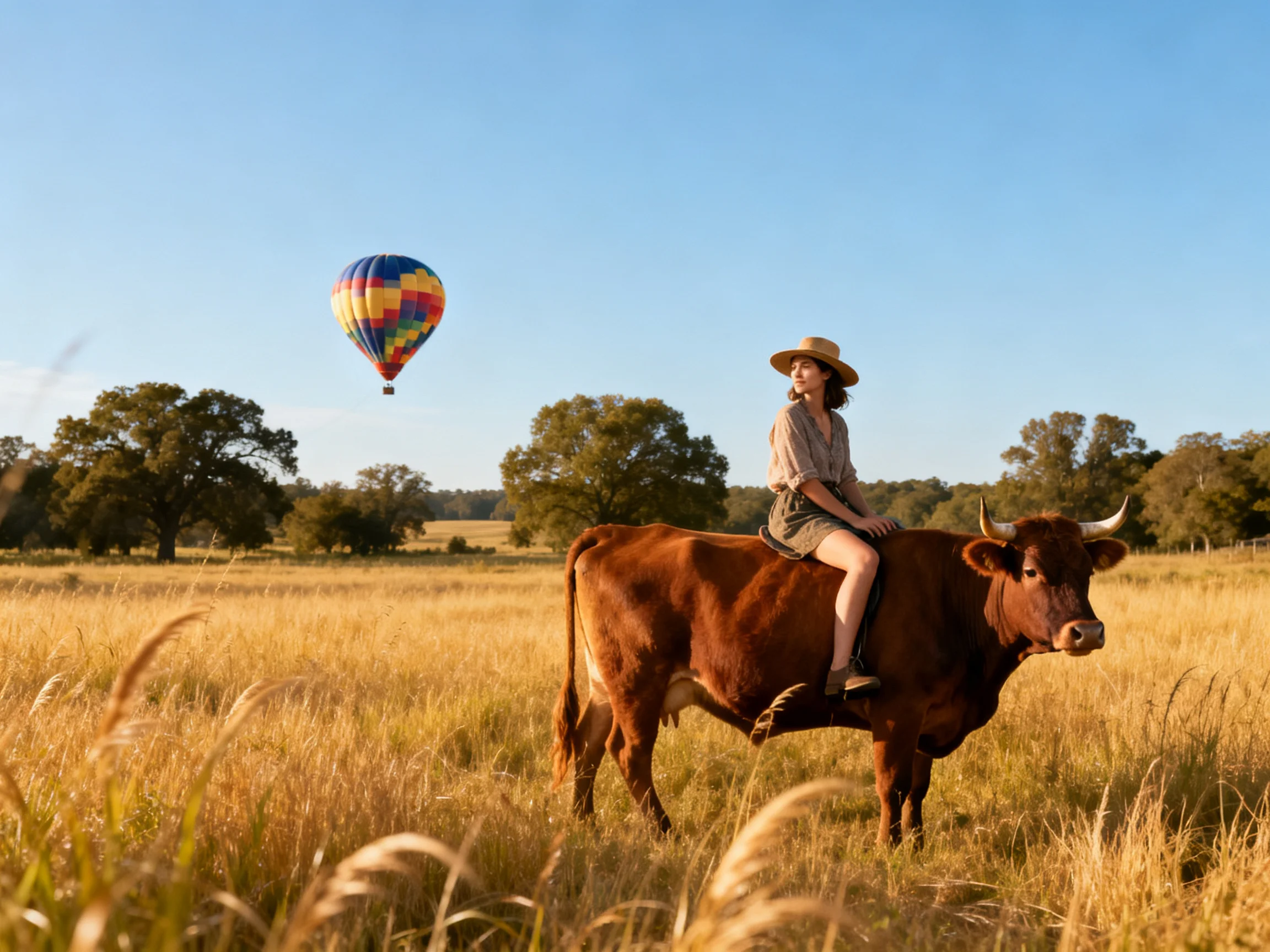 A woman rides a brown cow near a colorful hot air balloon in golden fields