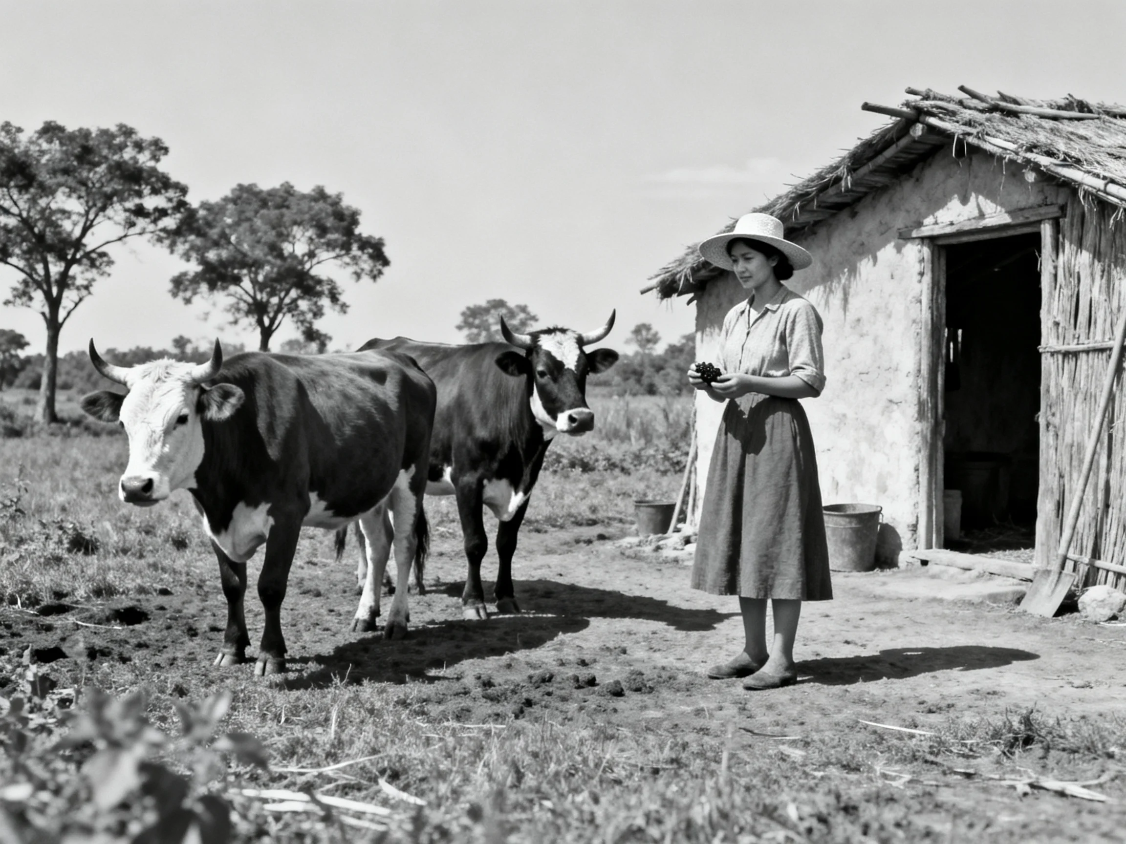 A woman stands beside two black - and - white cows near a rustic hut