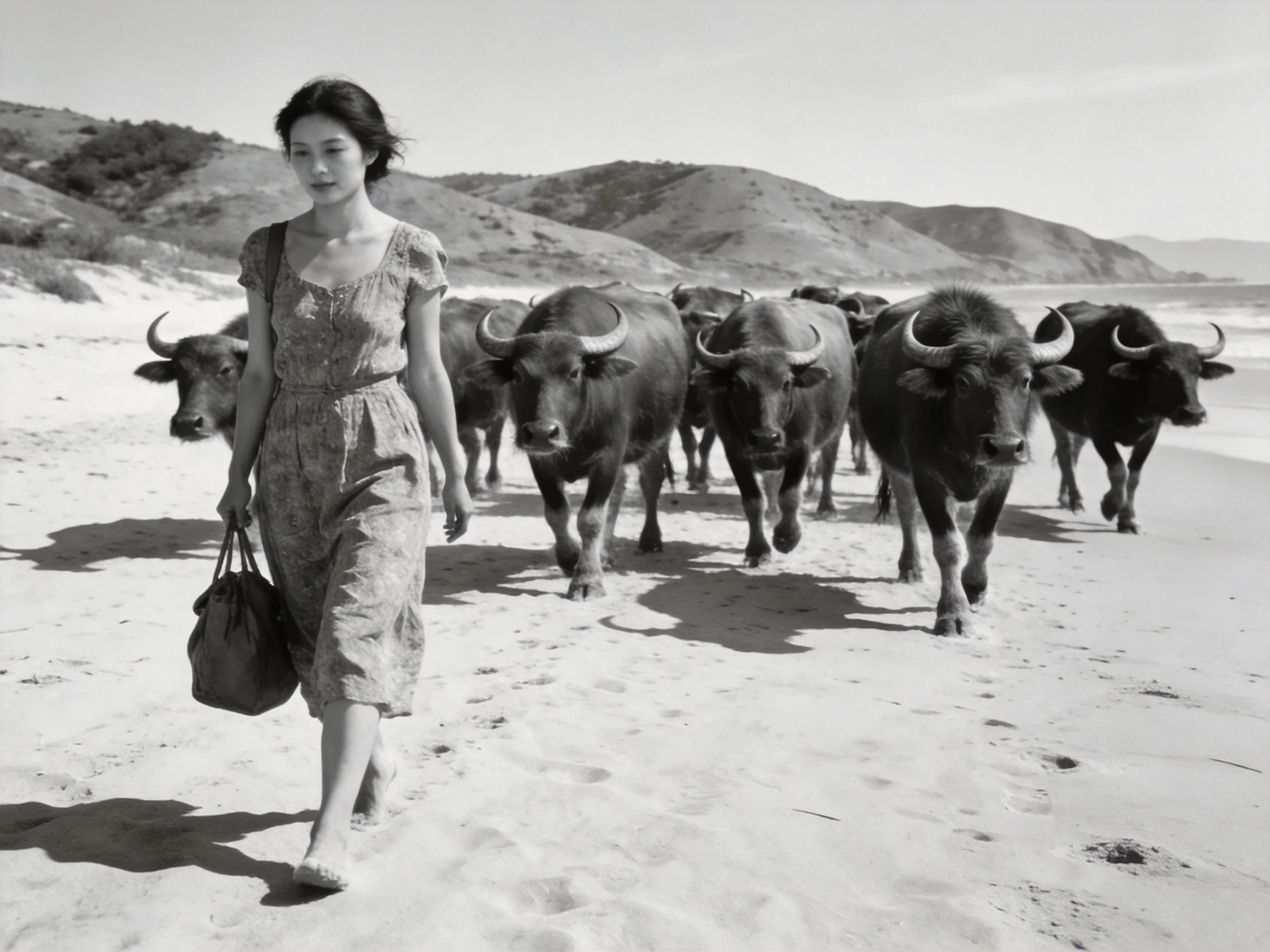 A woman walking barefoot among buffaloes on a sandy beach