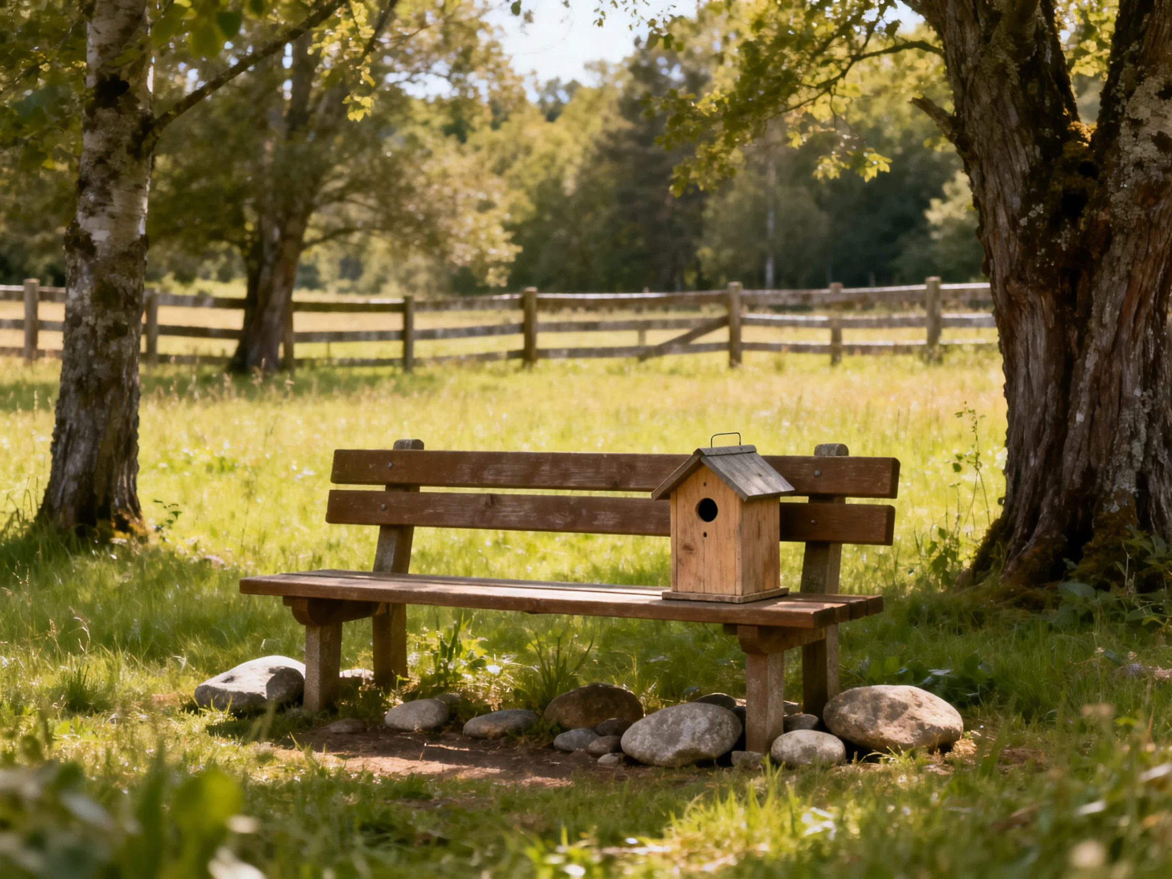 A wooden bench with a small birdhouse sits near large trees in a sunny meadow.
