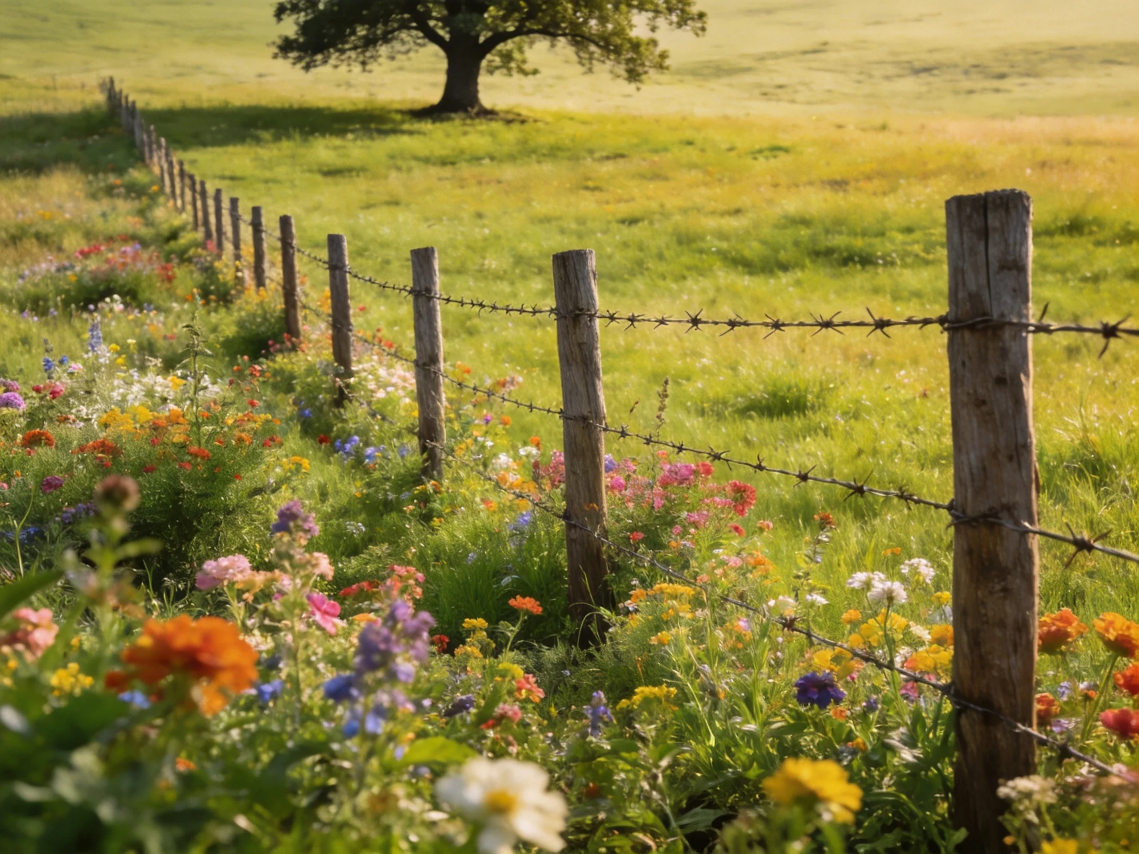A wooden fence lined with colorful wildflowers near a solitary tree