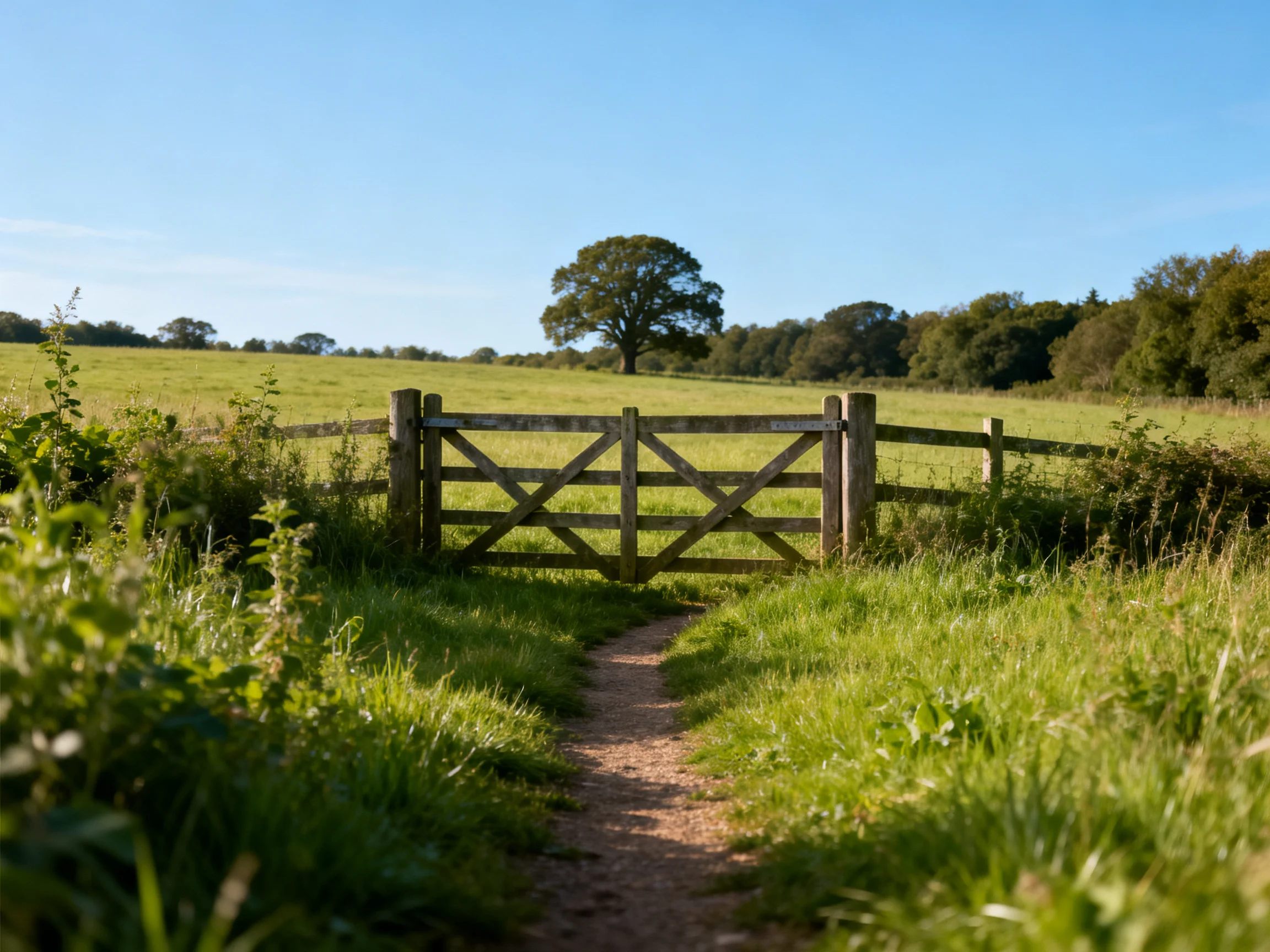 A wooden gate blocks a dirt path into a sunlit green meadow
