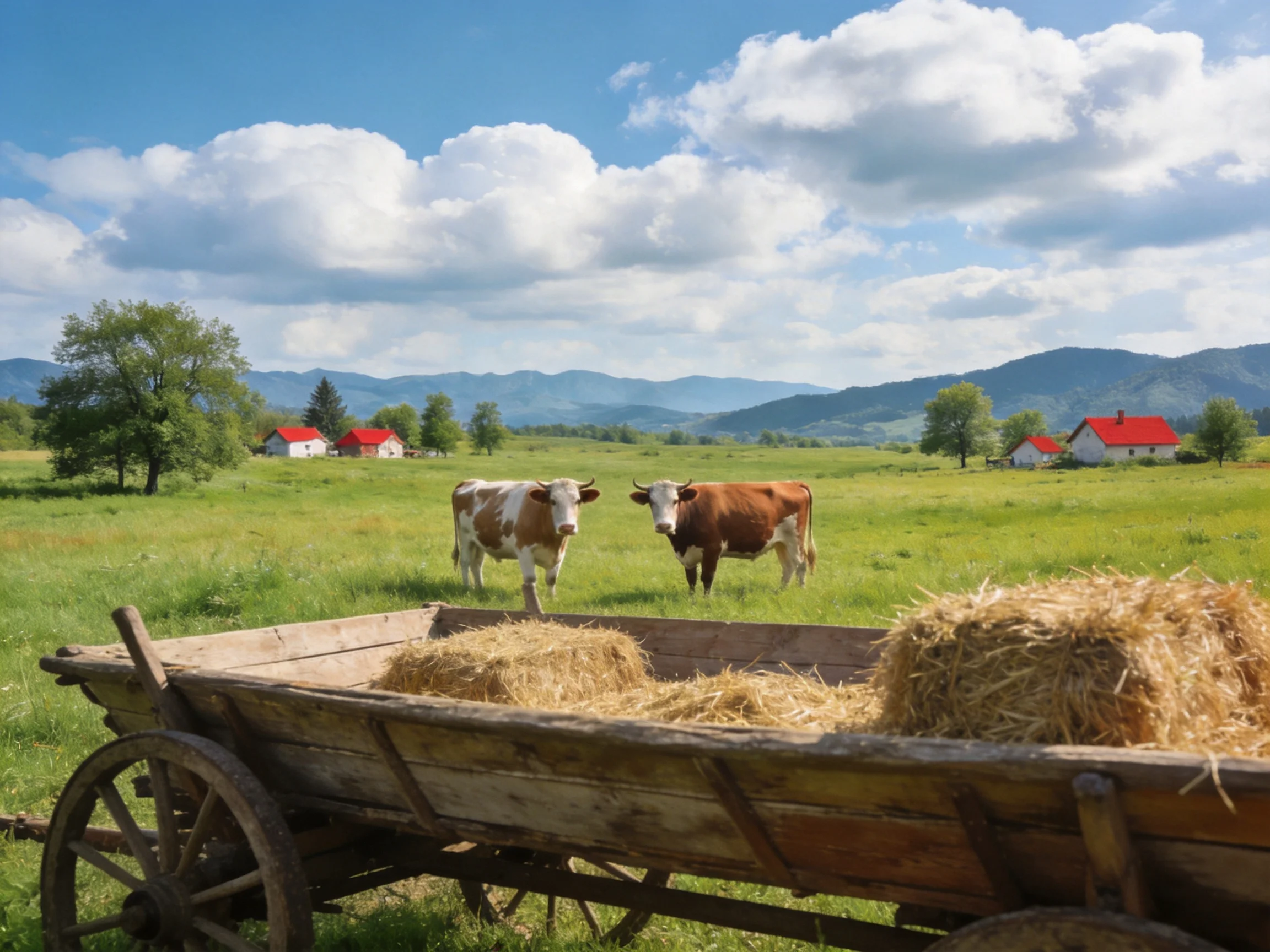 A wooden hay cart with hay sits near two cows in a green pasture with red-roofed homes