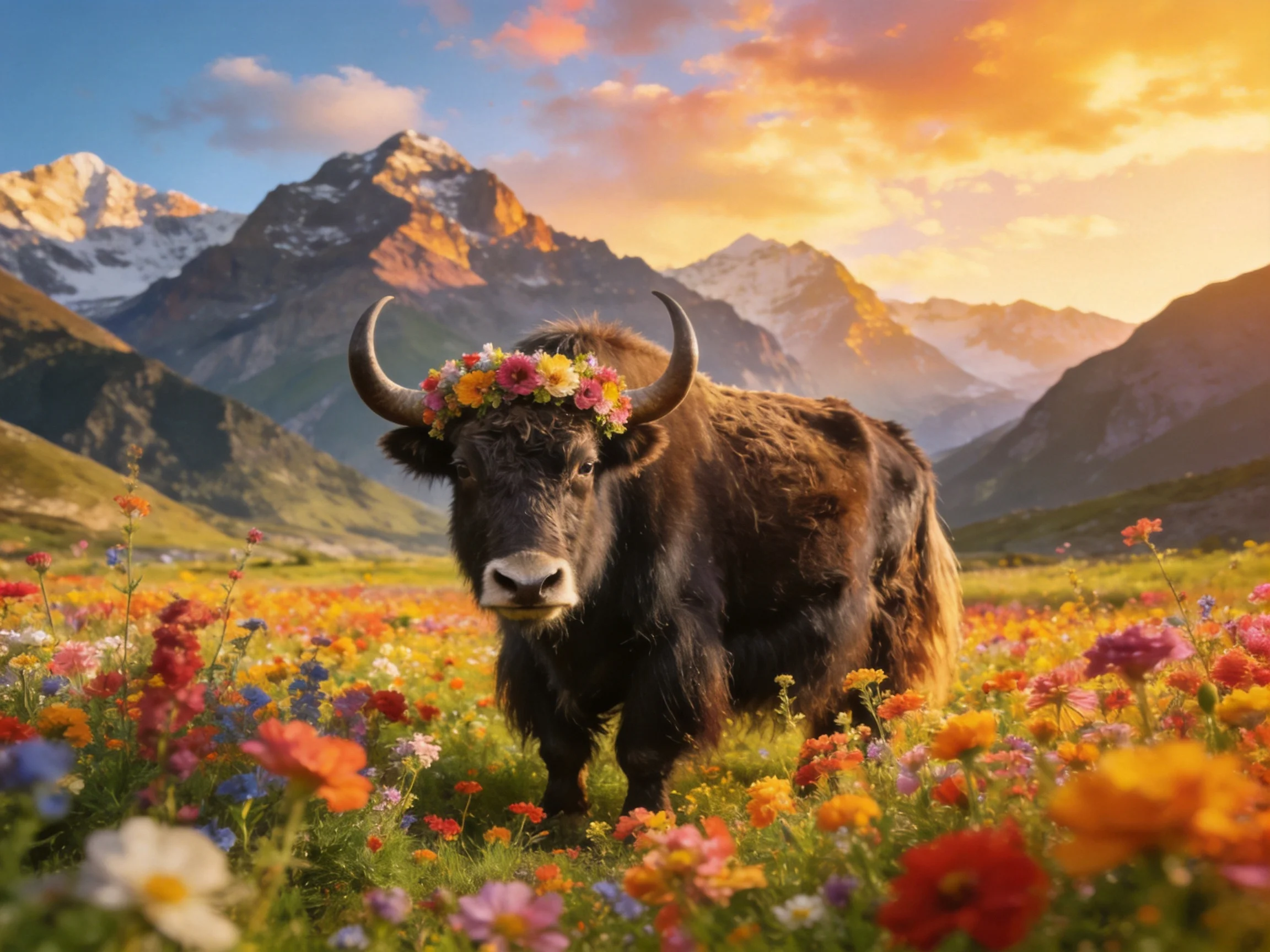 A yak with a flower crown in a vibrant meadow near majestic mountains