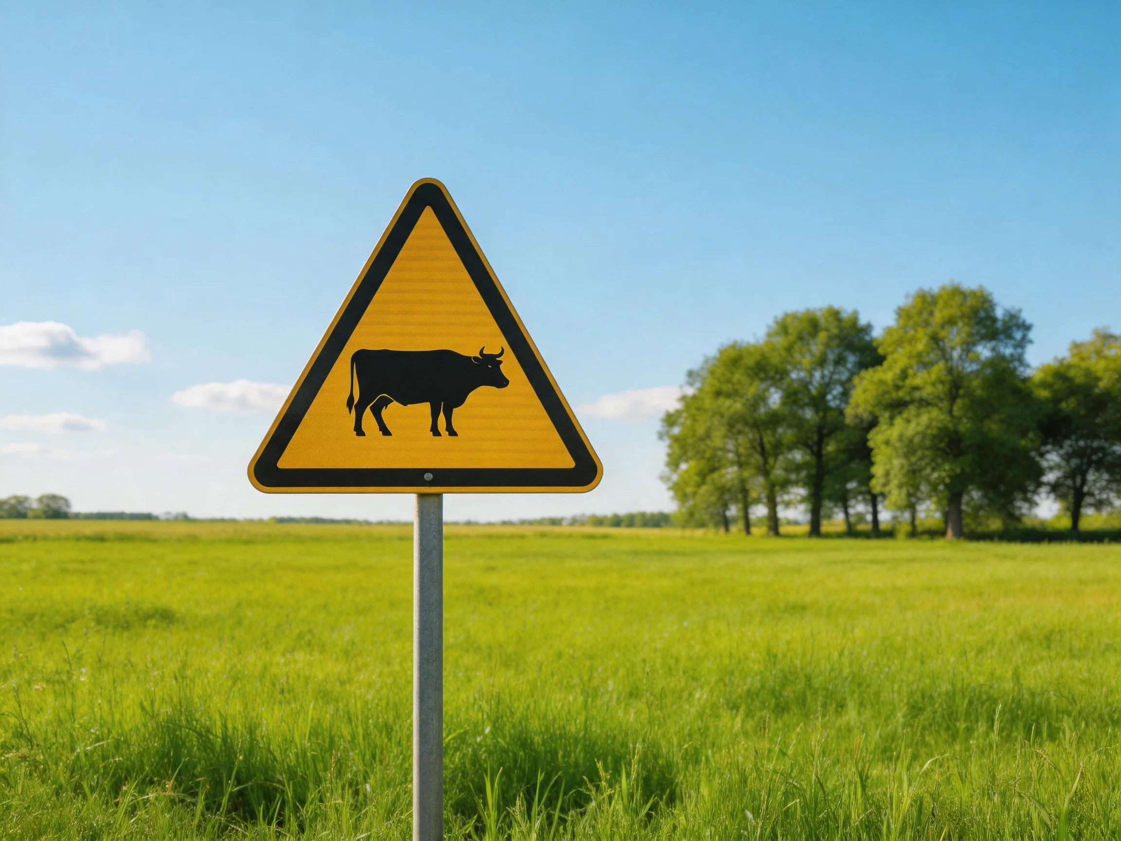 A yellow triangular warning sign with a black cow silhouette near lush green fields