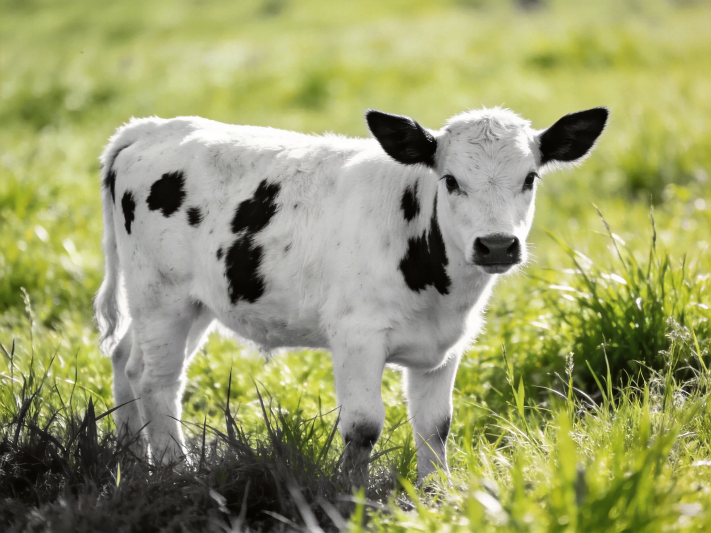 A young black-spotted calf in a sunlit grassy meadow