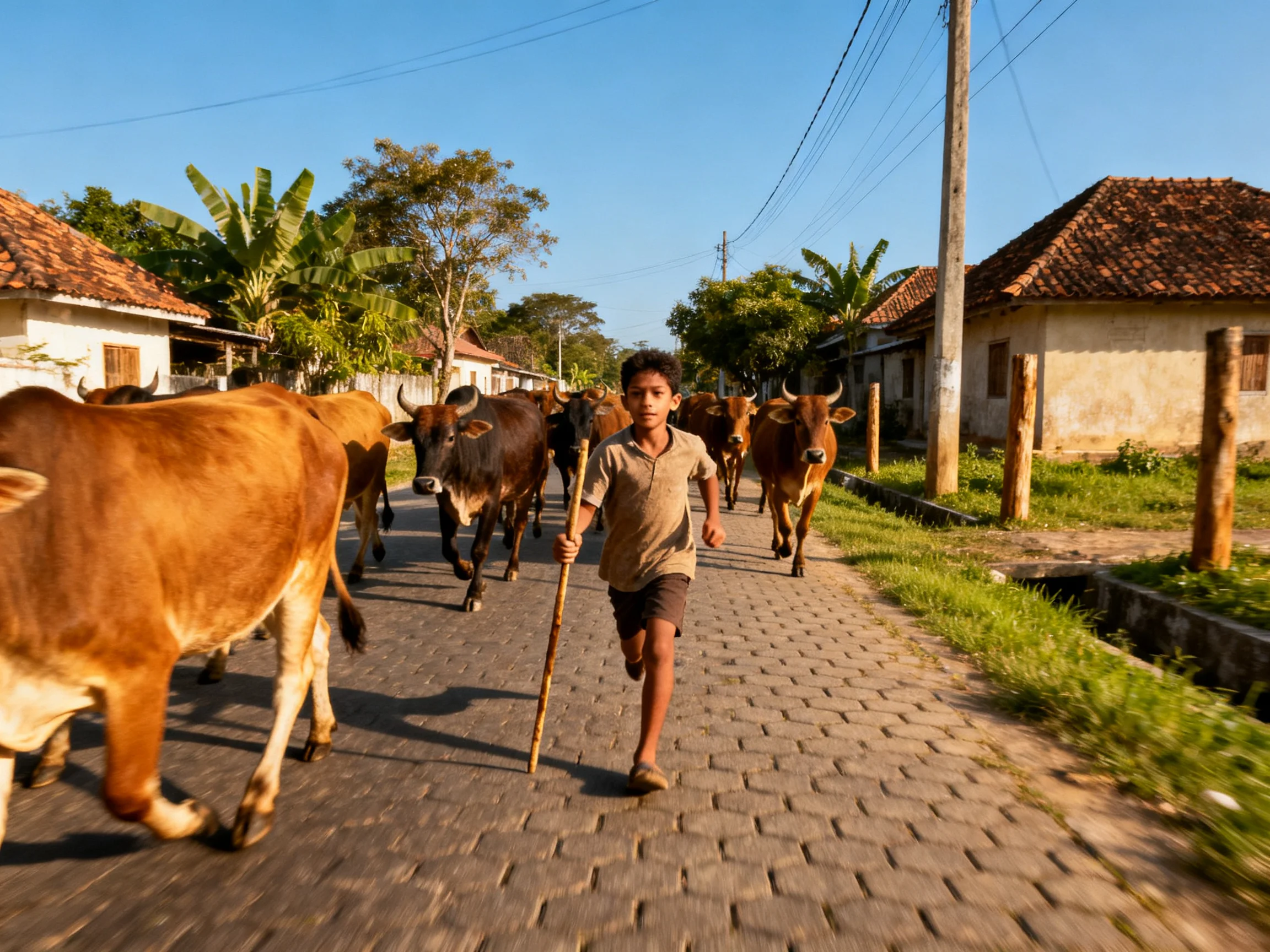 A young boy herding several brown cattle down a cobblestone village path