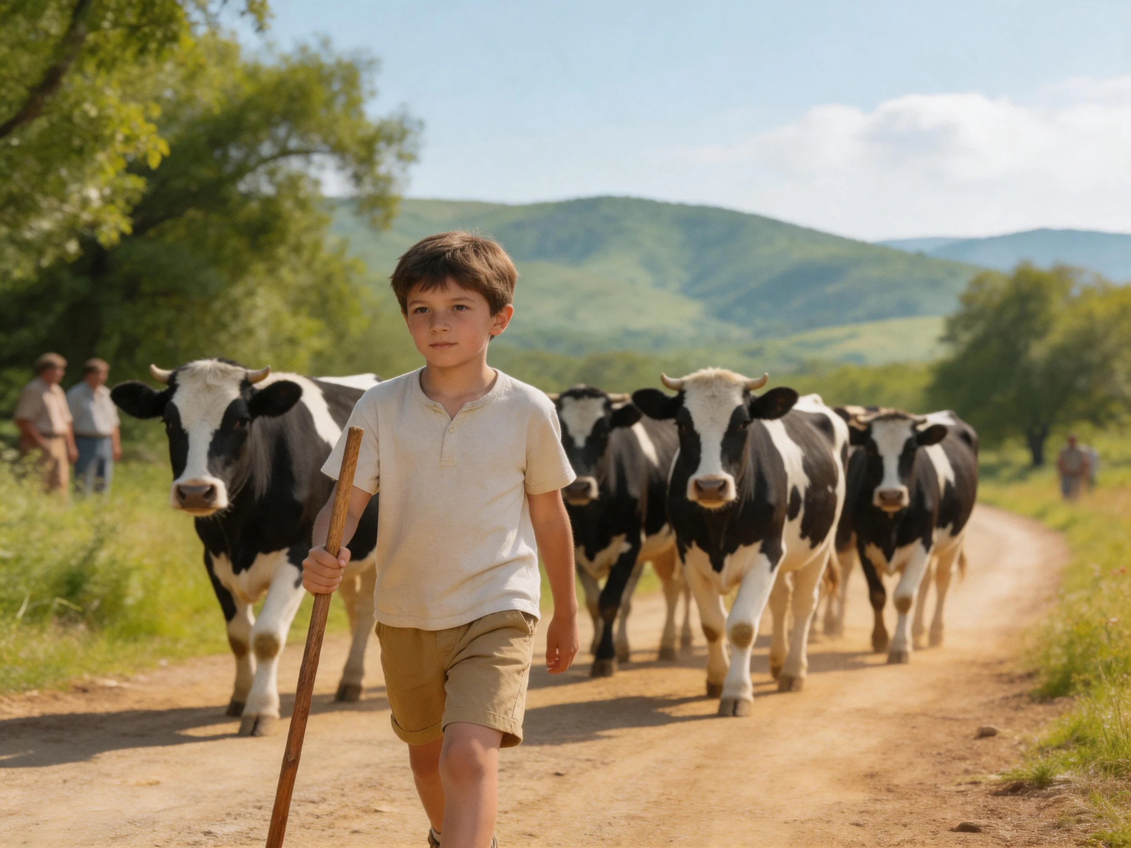 A young boy herds black-and-white cows along a dusty country path