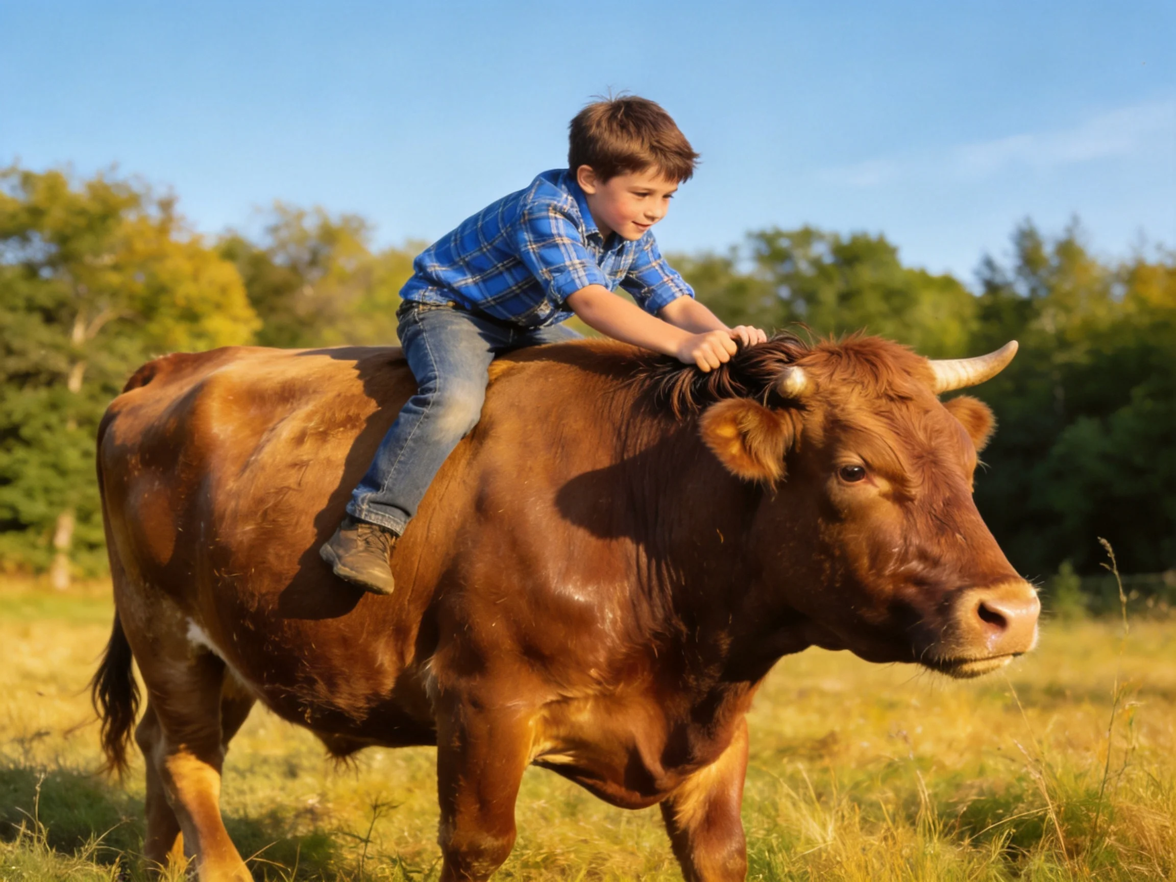 A young boy rides a large brown cow in a sunny pasture