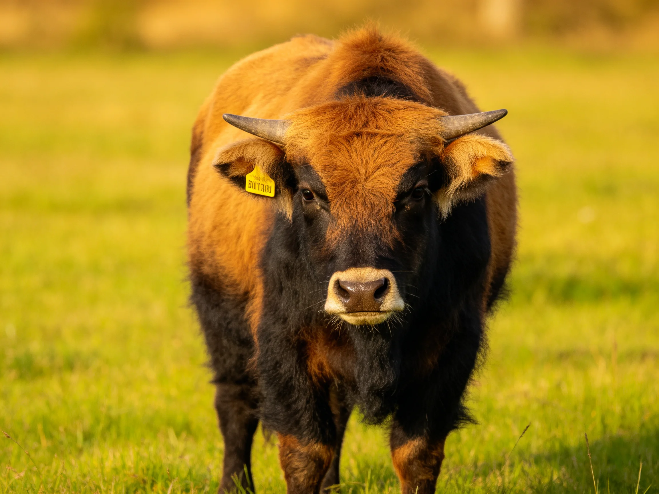 A young brown and black bull stands in a sunlit green meadow