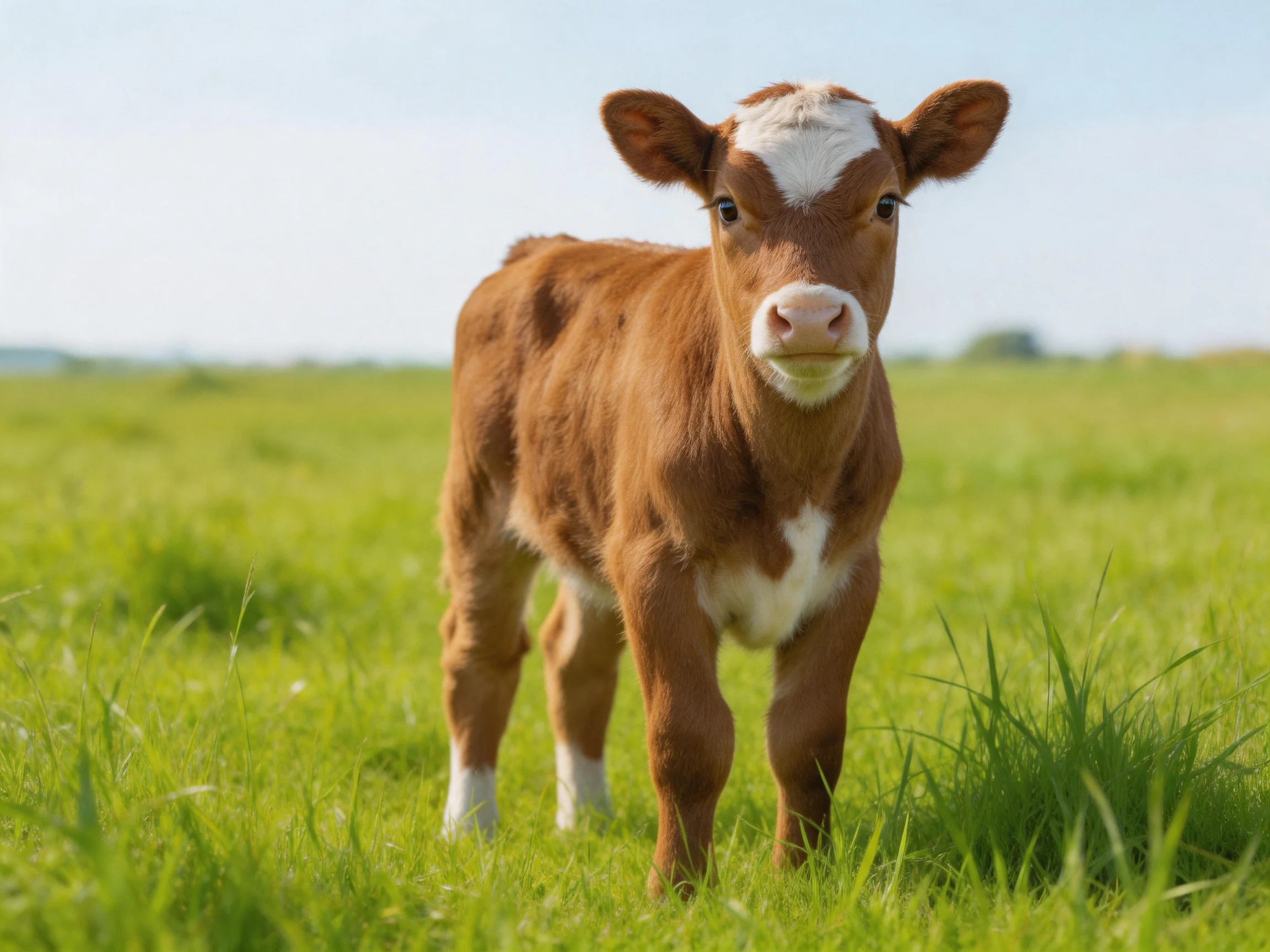 A young brown and white calf stands in a lush green open field
