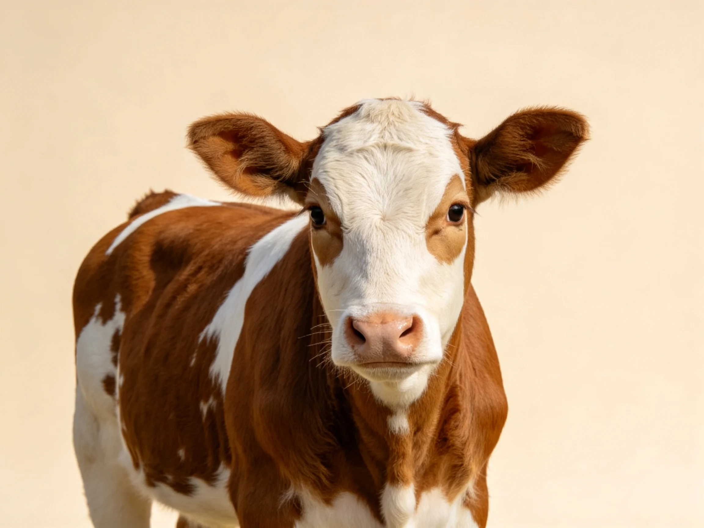 A young brown and white spotted calf stands against a plain beige background.