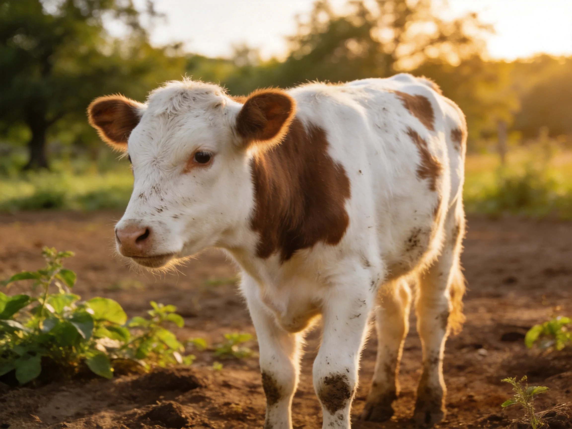 A young brown-and-white spotted calf in a sunlit farm setting