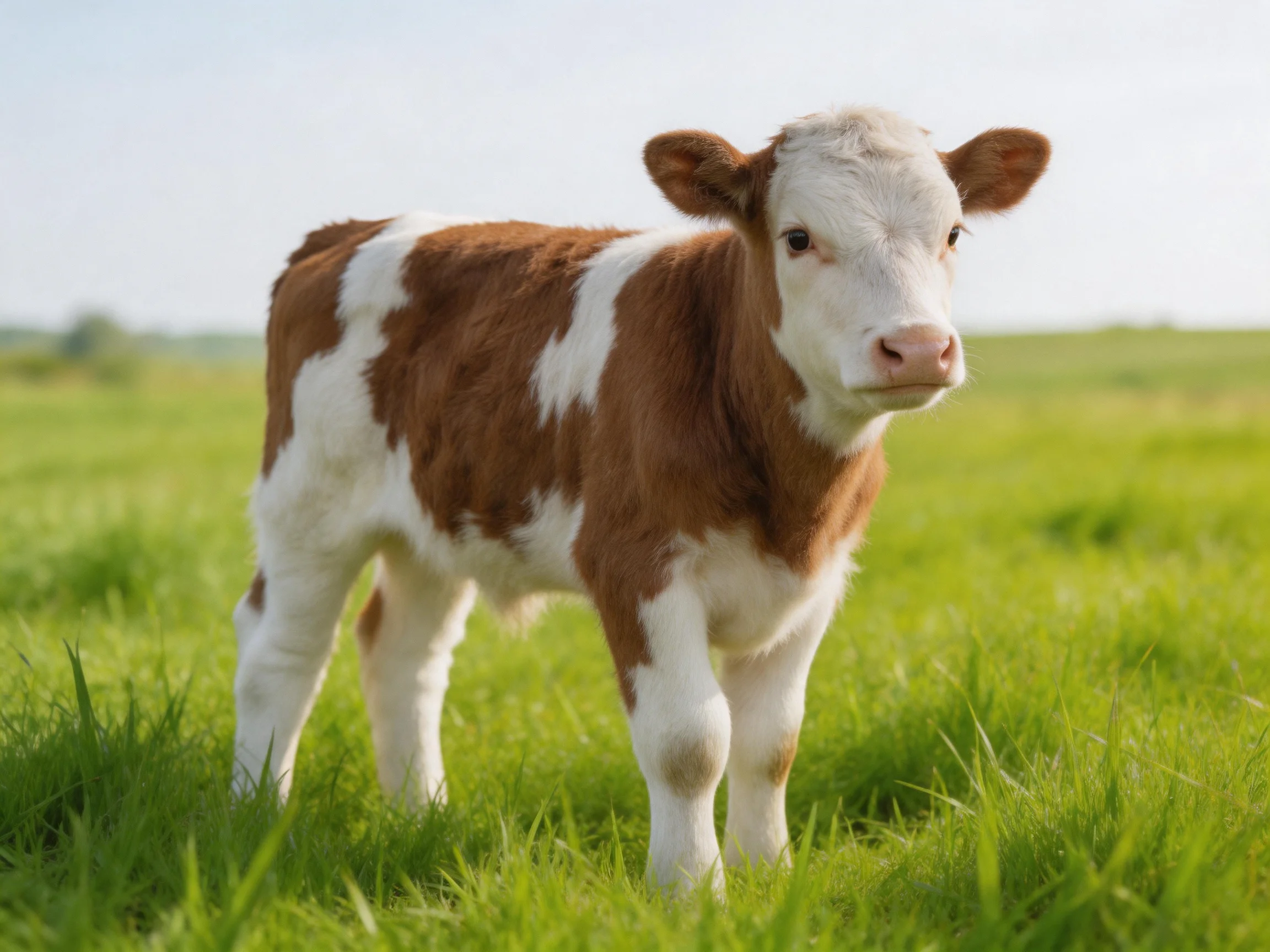 A young brown and white spotted calf in a sunlit grassy field