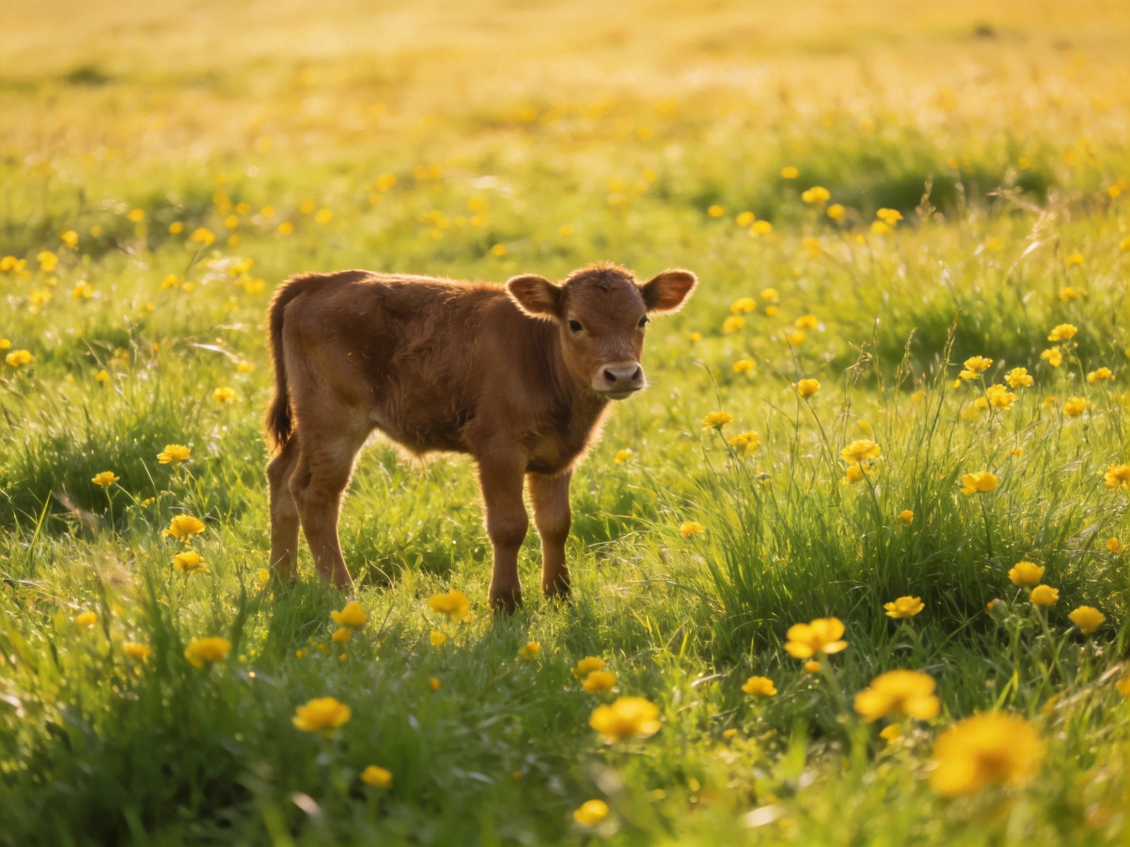 A young brown calf amid yellow wildflowers in a sunlit meadow
