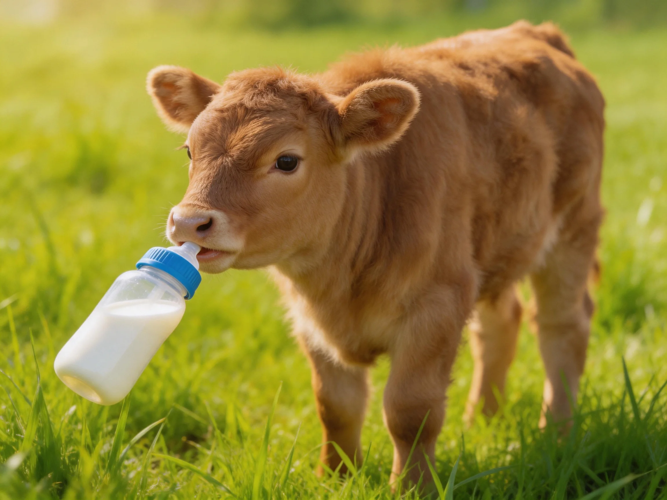 A young brown calf drinks milk from a bottle in lush green grass