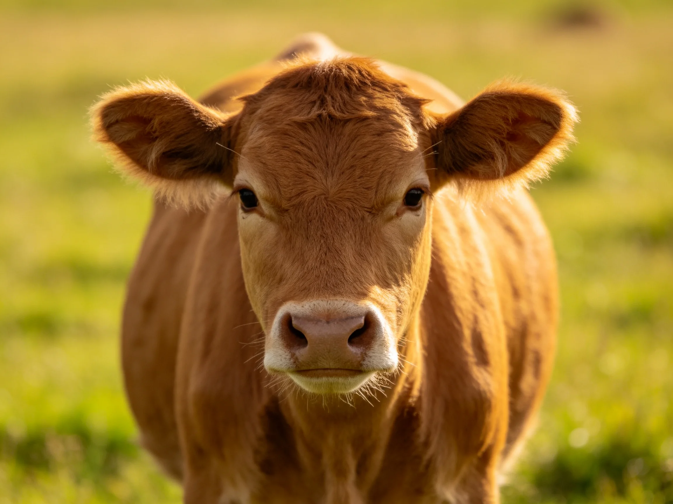 A young brown calf gazes directly at the camera in a sunlit green meadow