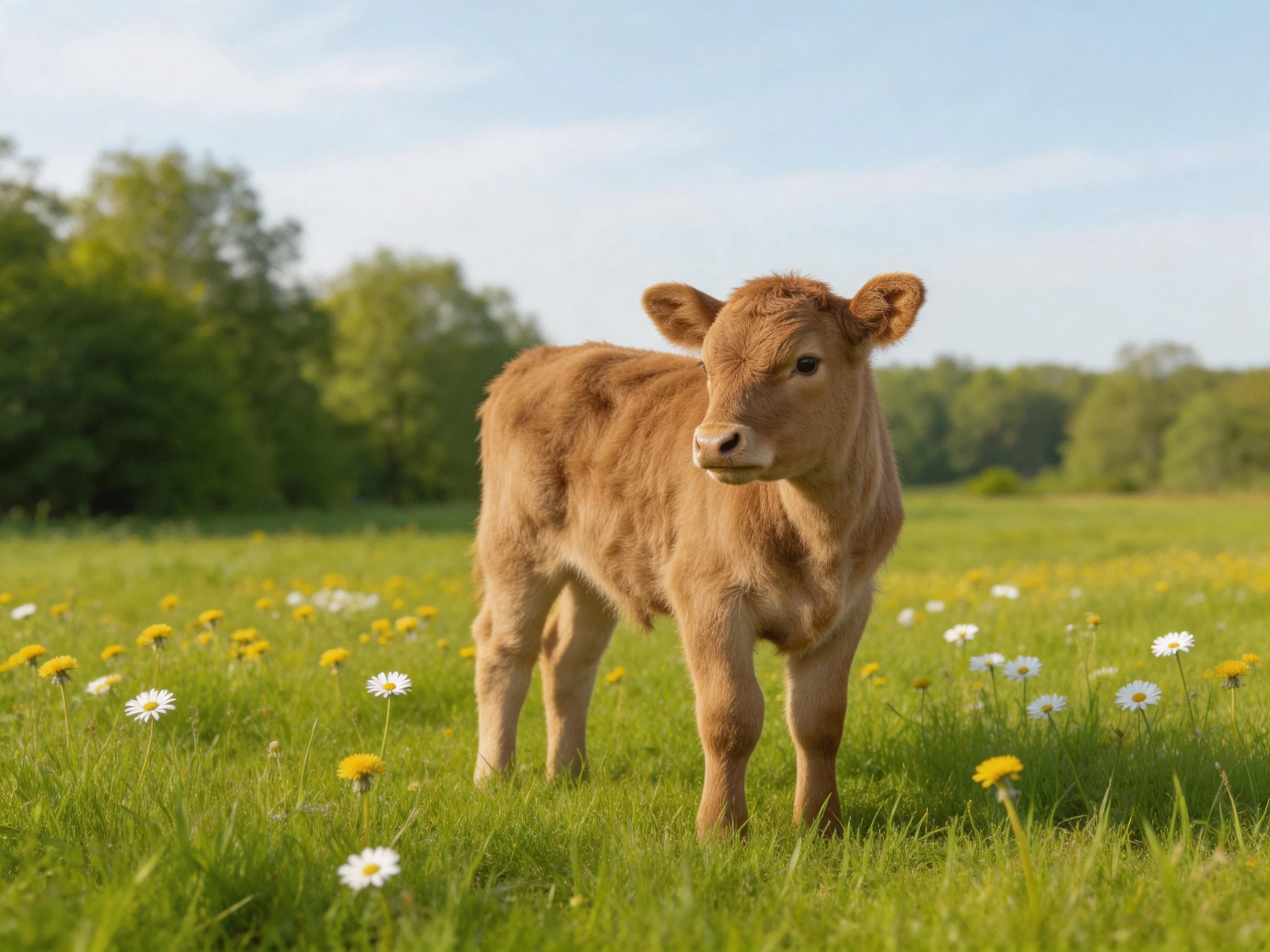 A young brown calf in a flower-dotted green meadow