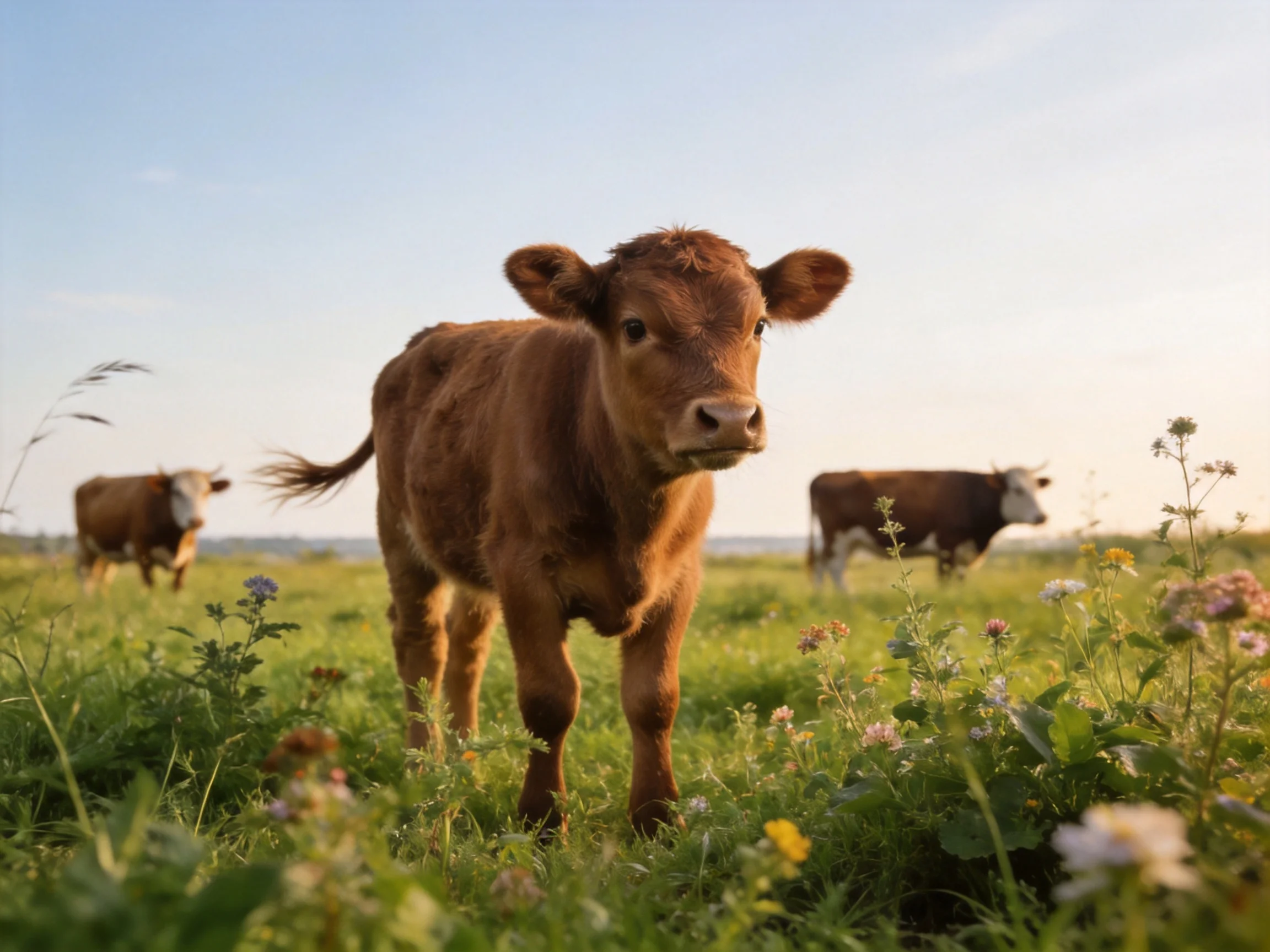 A young brown calf in a flower-filled green meadow with adult cows
