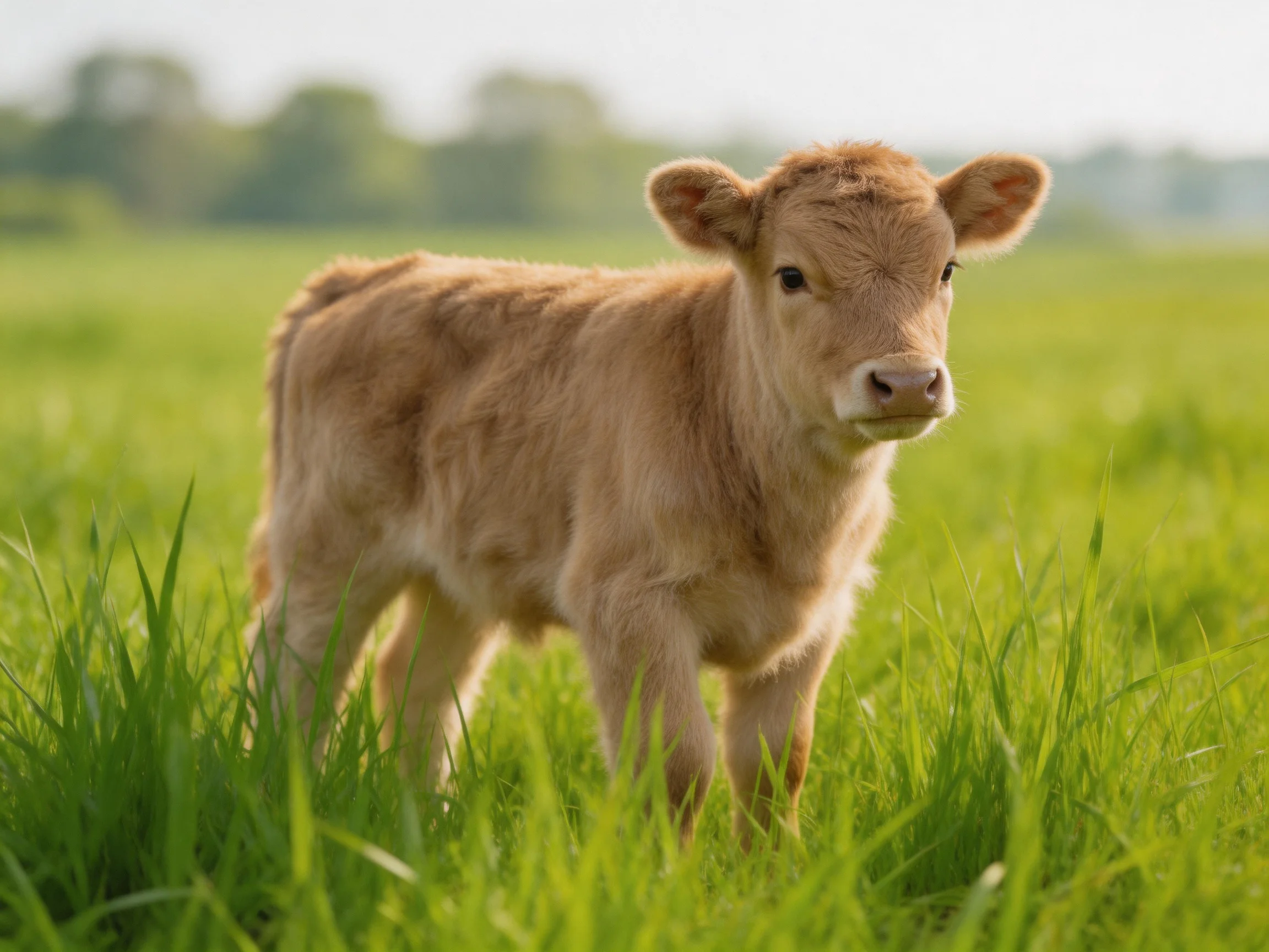 A young brown calf in a lush green meadow
