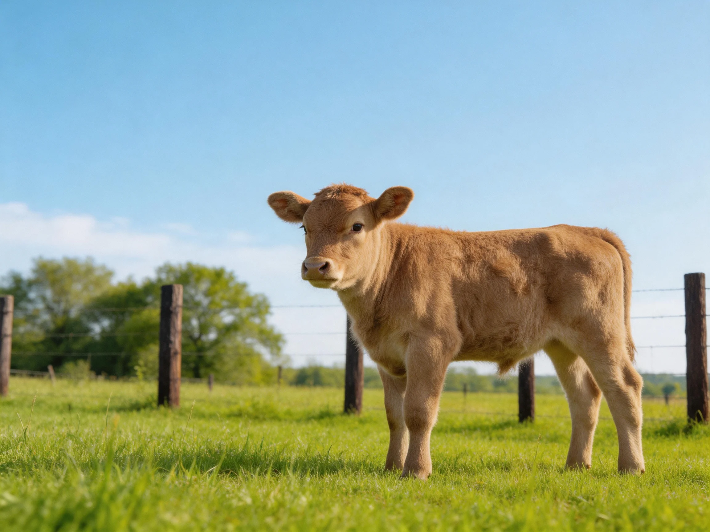 A young brown calf in a lush green pasture near wooden fence posts