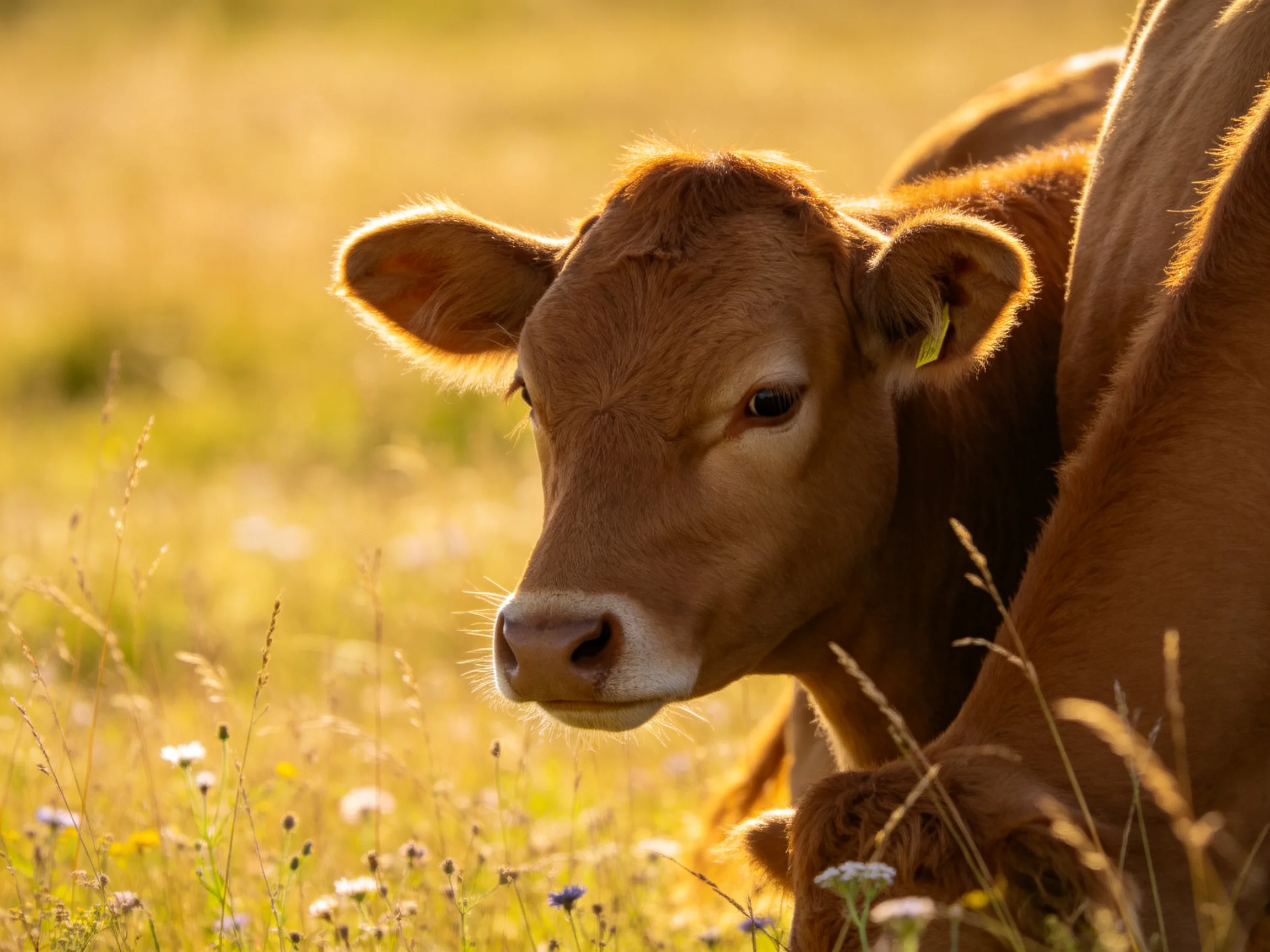 A young brown calf in a sunlit golden meadow with wildflowers