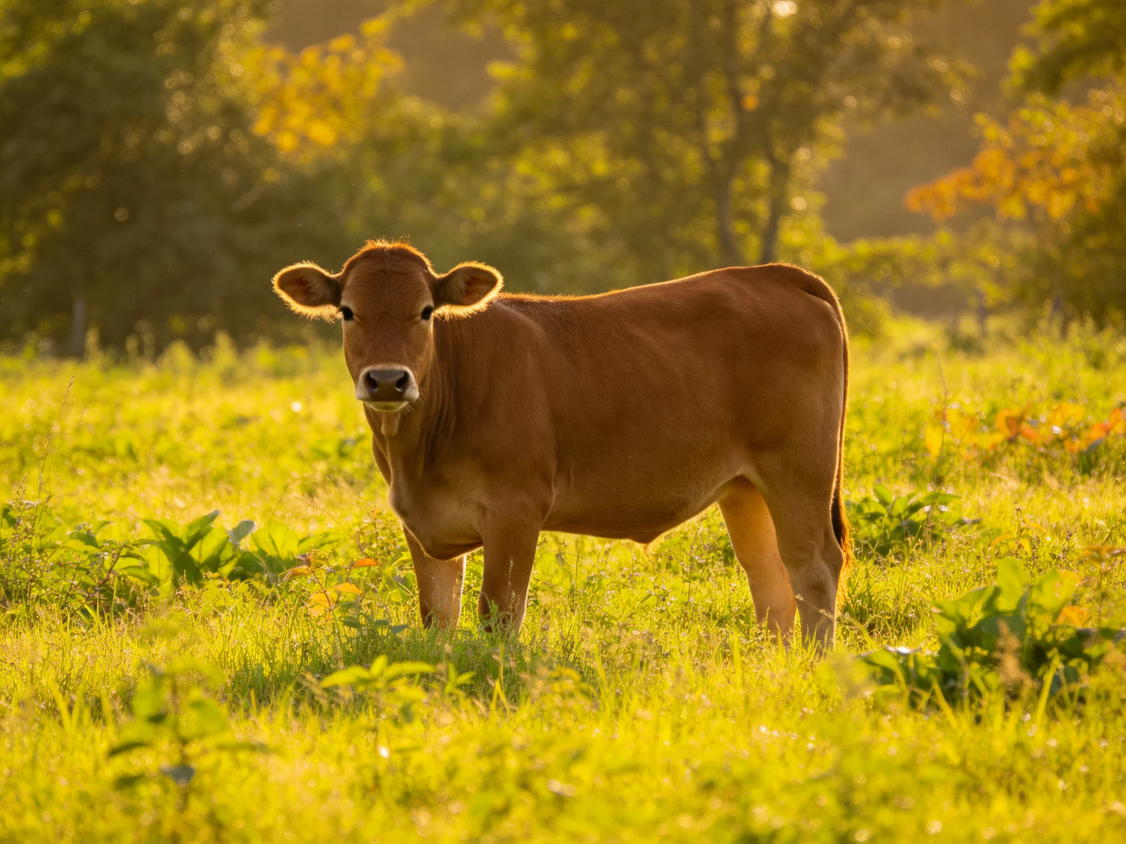 A young brown calf stands in a sunlit meadow near trees