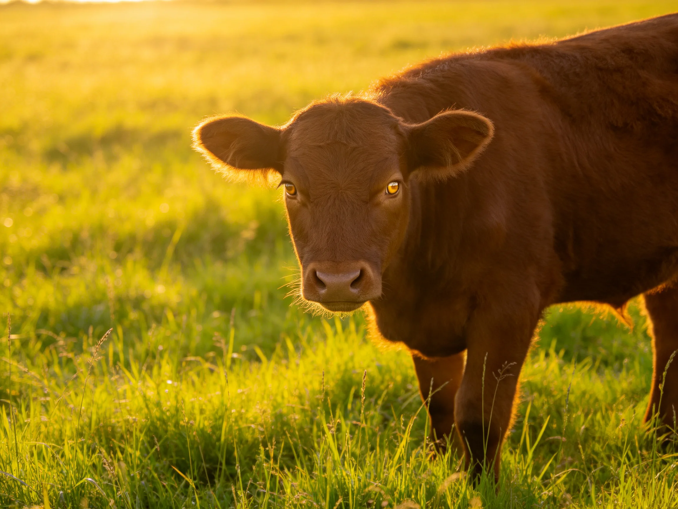 A young brown calf stands in a sunlit meadow, gazing toward the viewer.