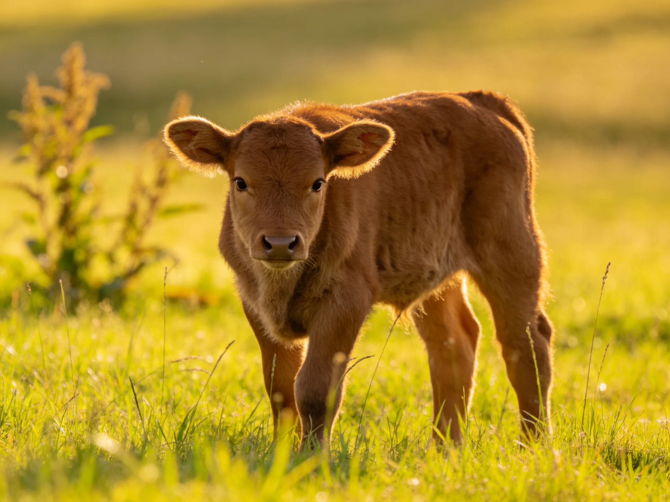 A young brown calf in a sunlit green meadow