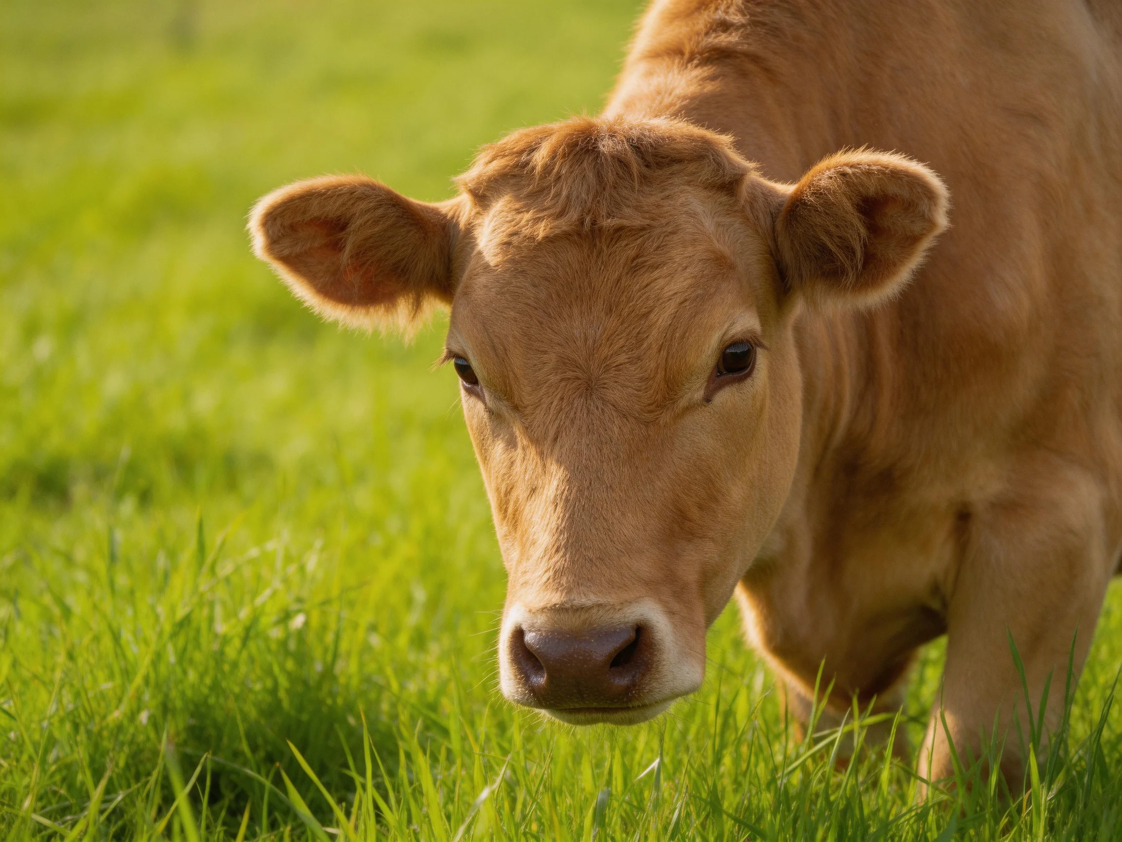 A young brown calf in a sunlit green pasture
