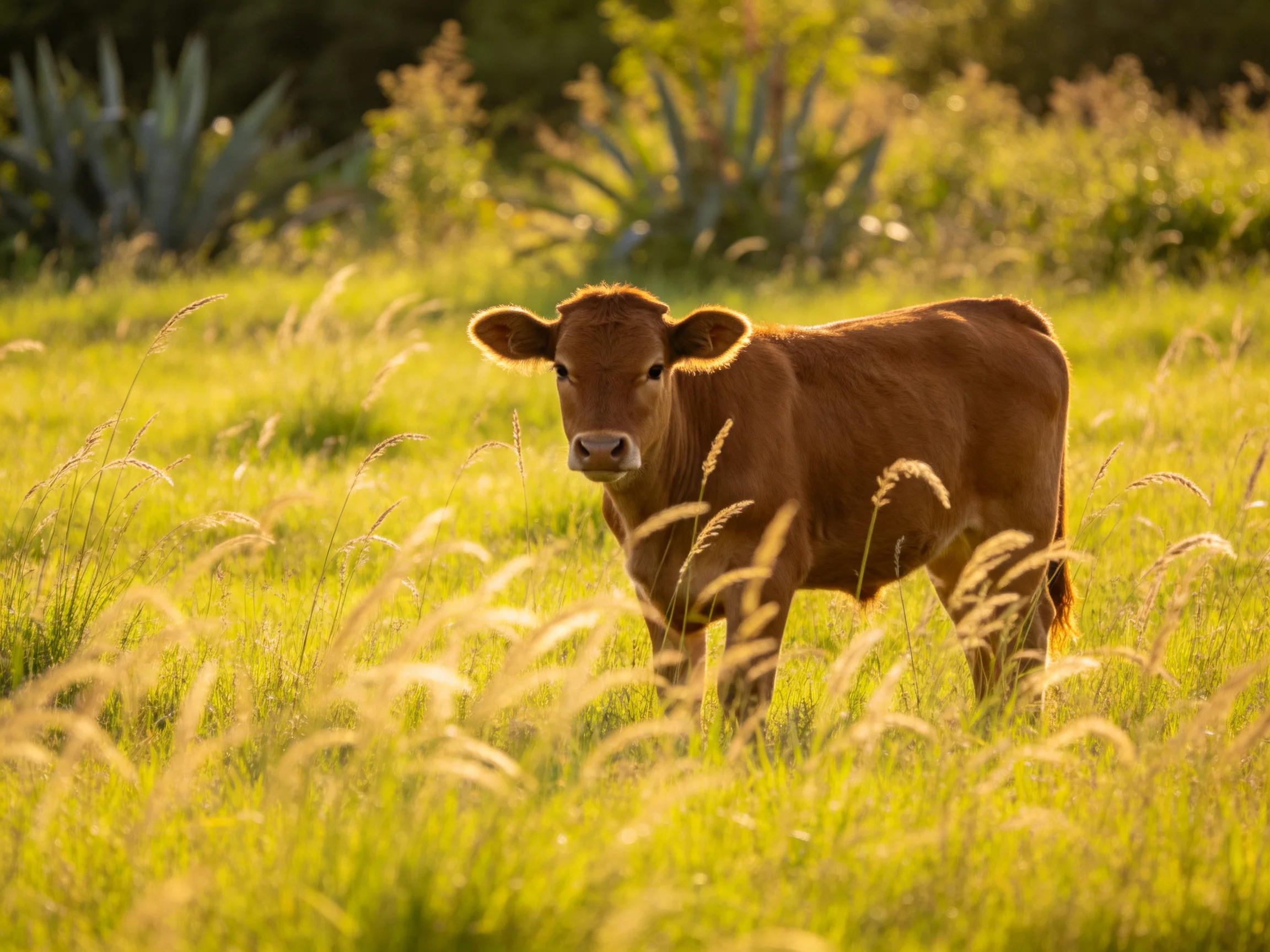 A young brown calf in a sunlit meadow of tall golden-green grasses