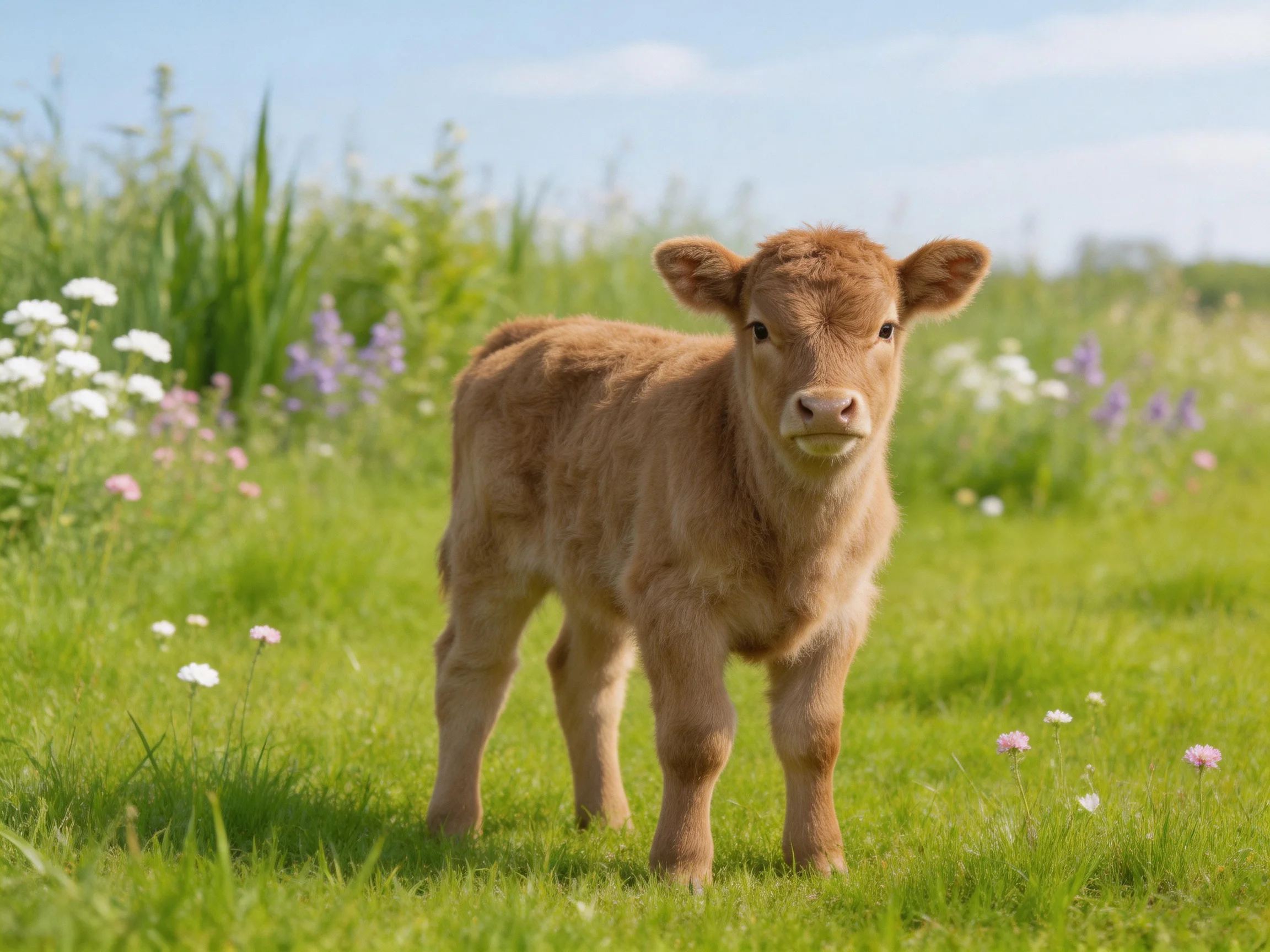 A young brown calf in a vibrant flower-filled green meadow