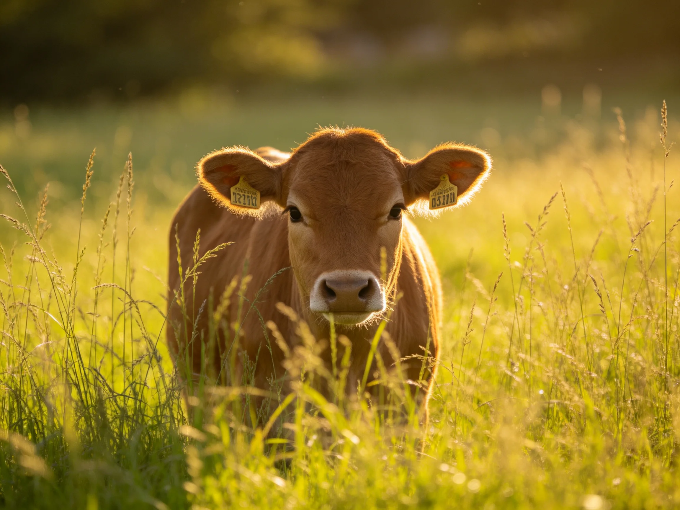 A young brown calf in sunlit tall green grasses