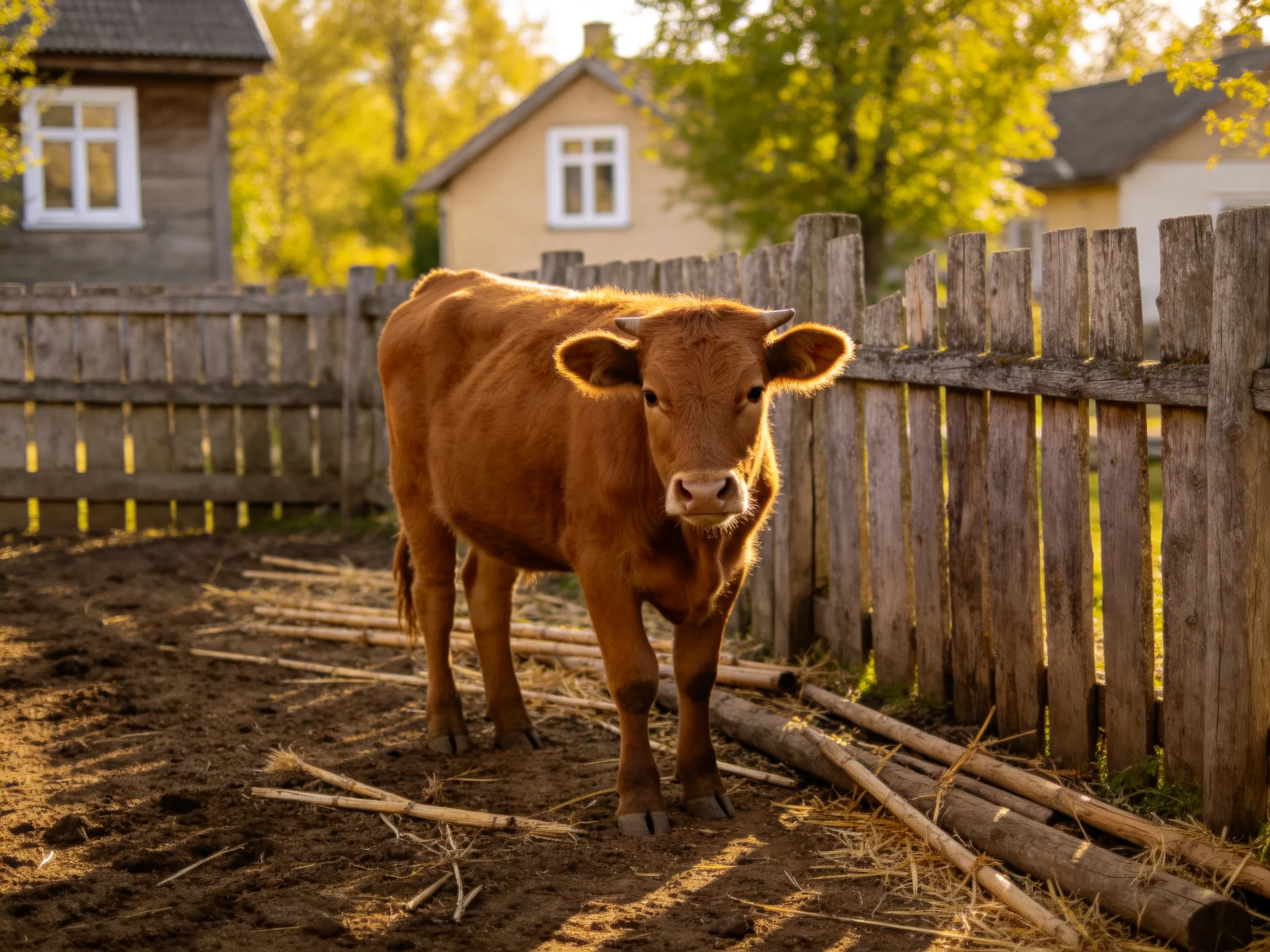A young brown calf near a weathered wooden fence by cottages
