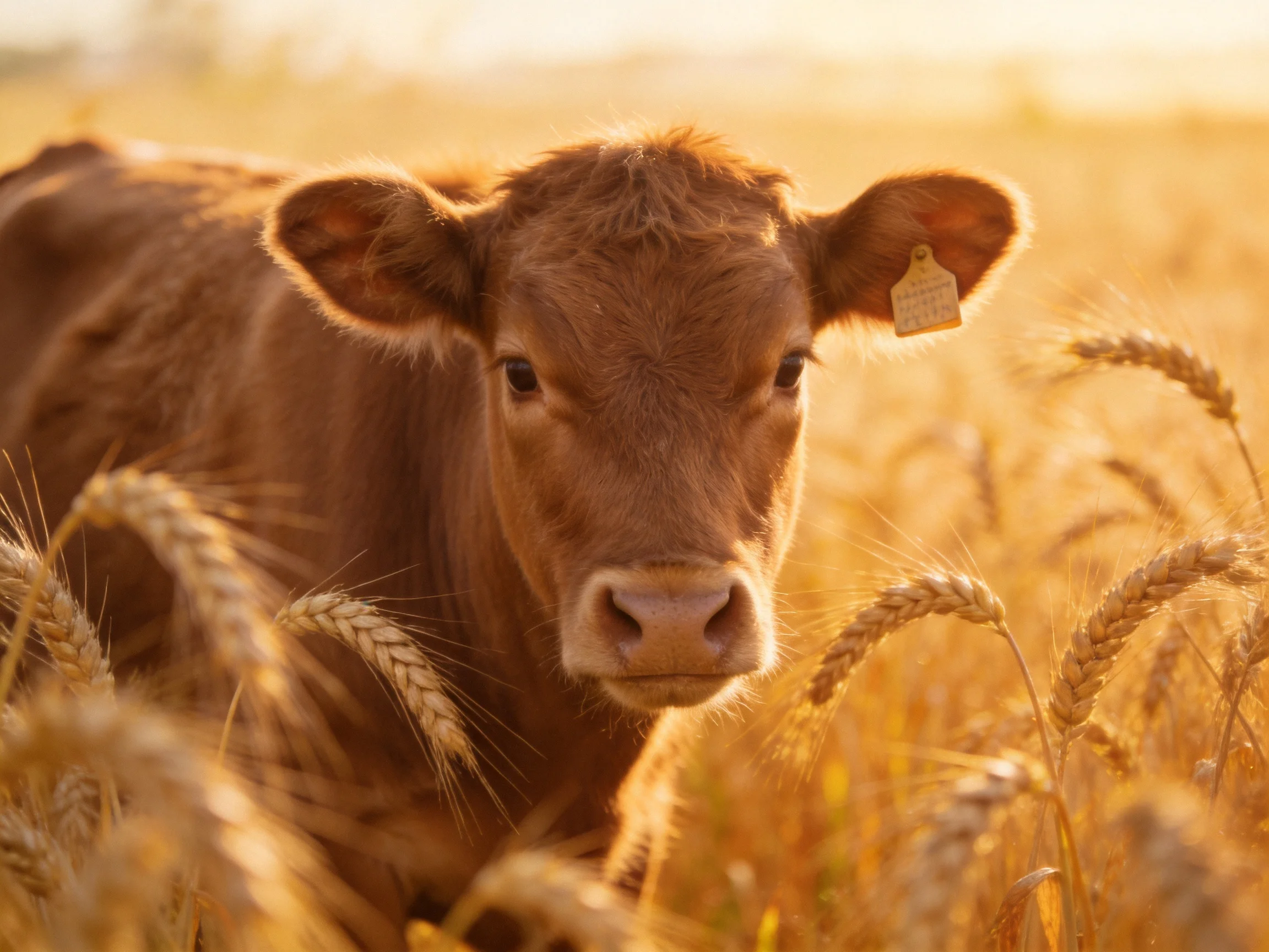 A young brown calf nestled in a golden wheat field