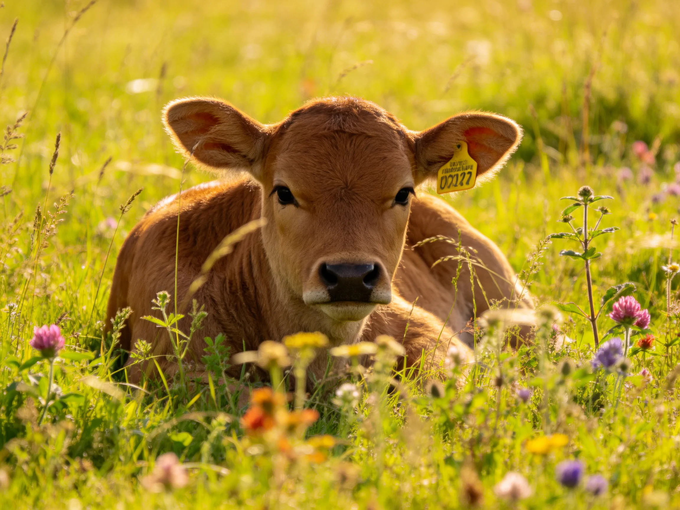 A young brown calf rests amid colorful wildflowers in a sunlit meadow