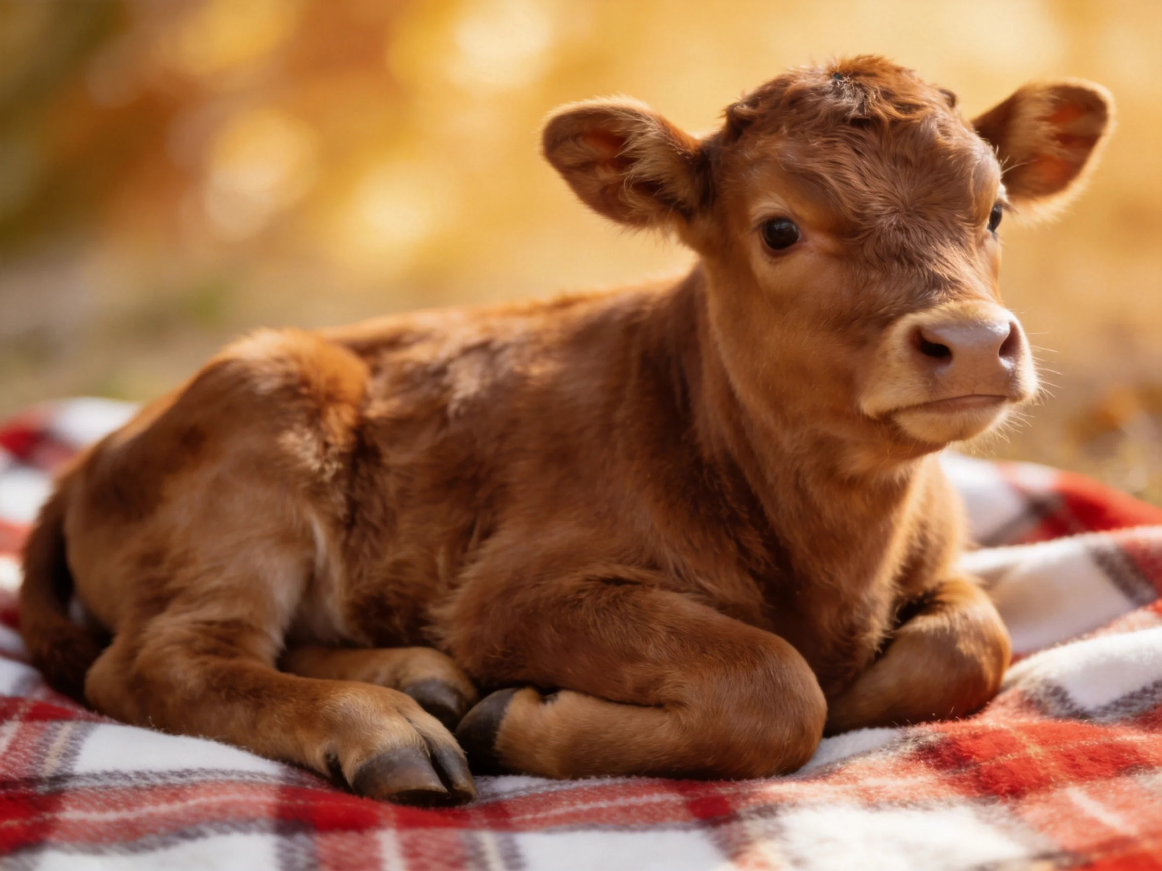 A young brown calf rests on a red-and-white plaid blanket in a sunlit outdoor setting.