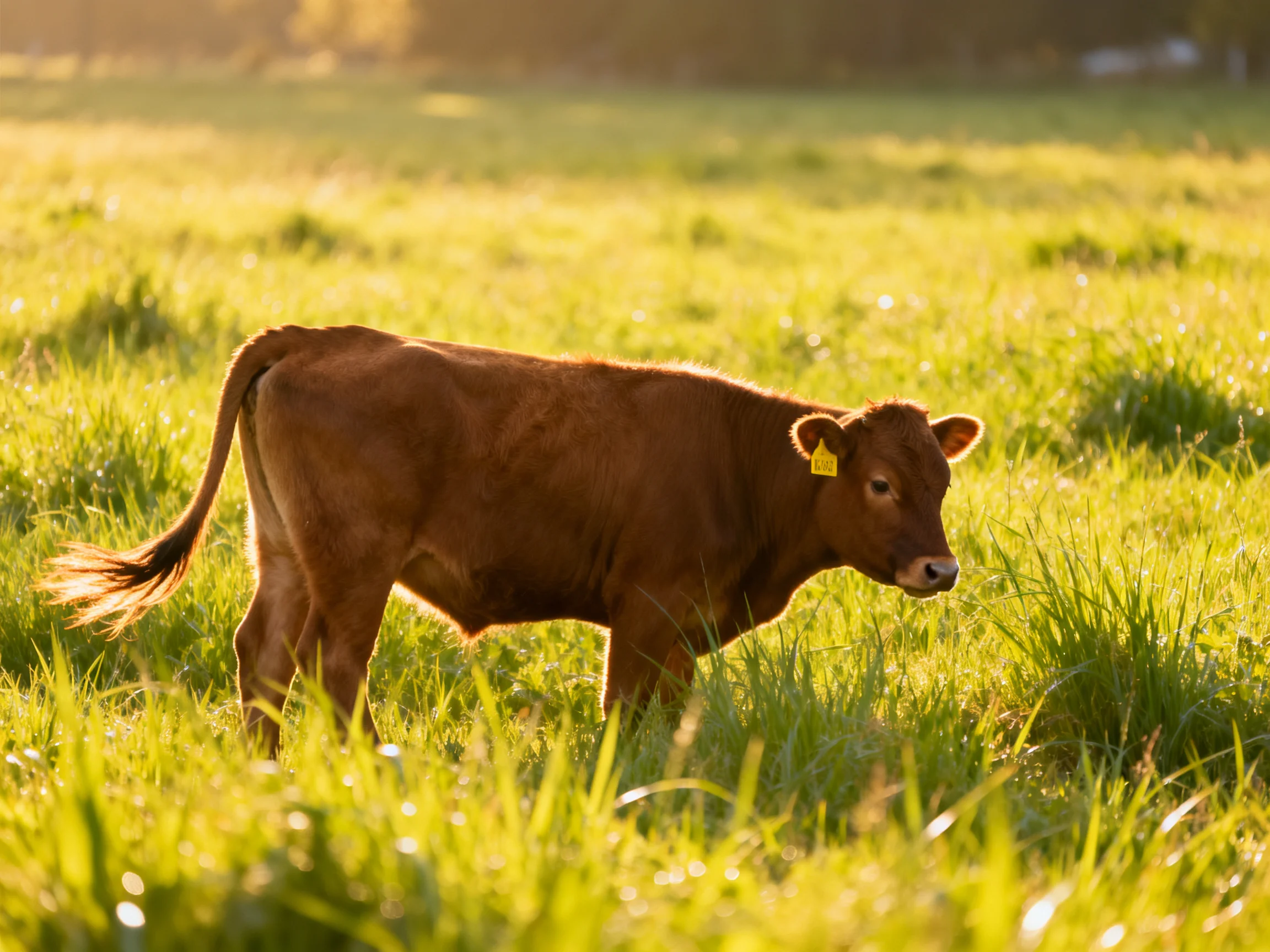 A young brown calf roams a sunlit green pasture